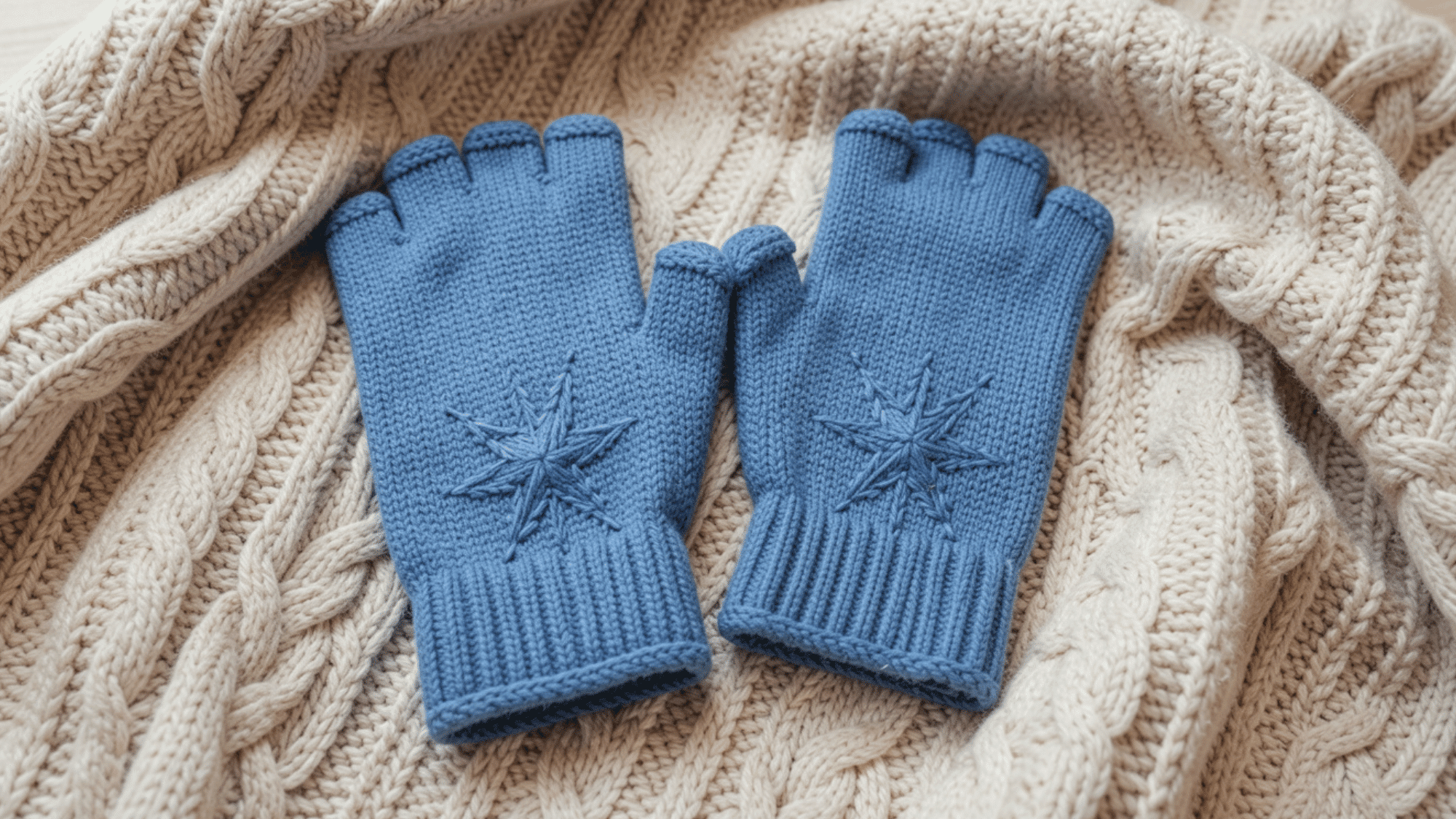 pair of handmade fingerless gloves with star stitch detail on the hand section