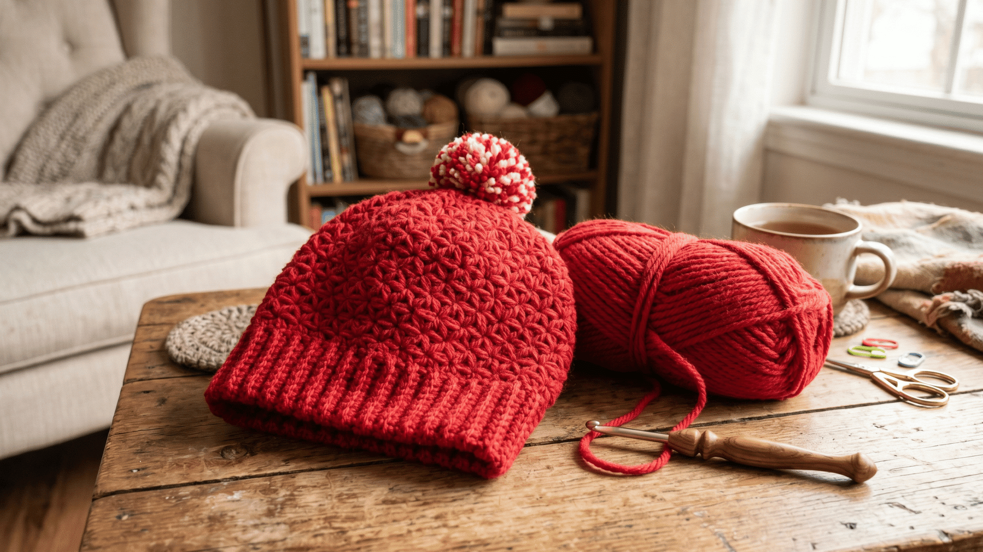 handmade crochet beanie with star stitch body and ribbed brim