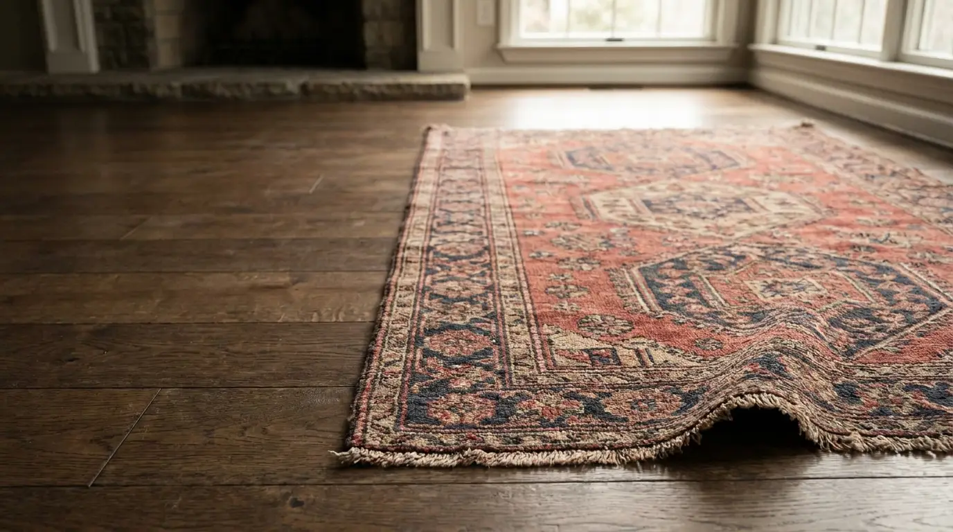 Ornate red and blue patterned rug on wooden floor in sunlit room with stone fireplace
