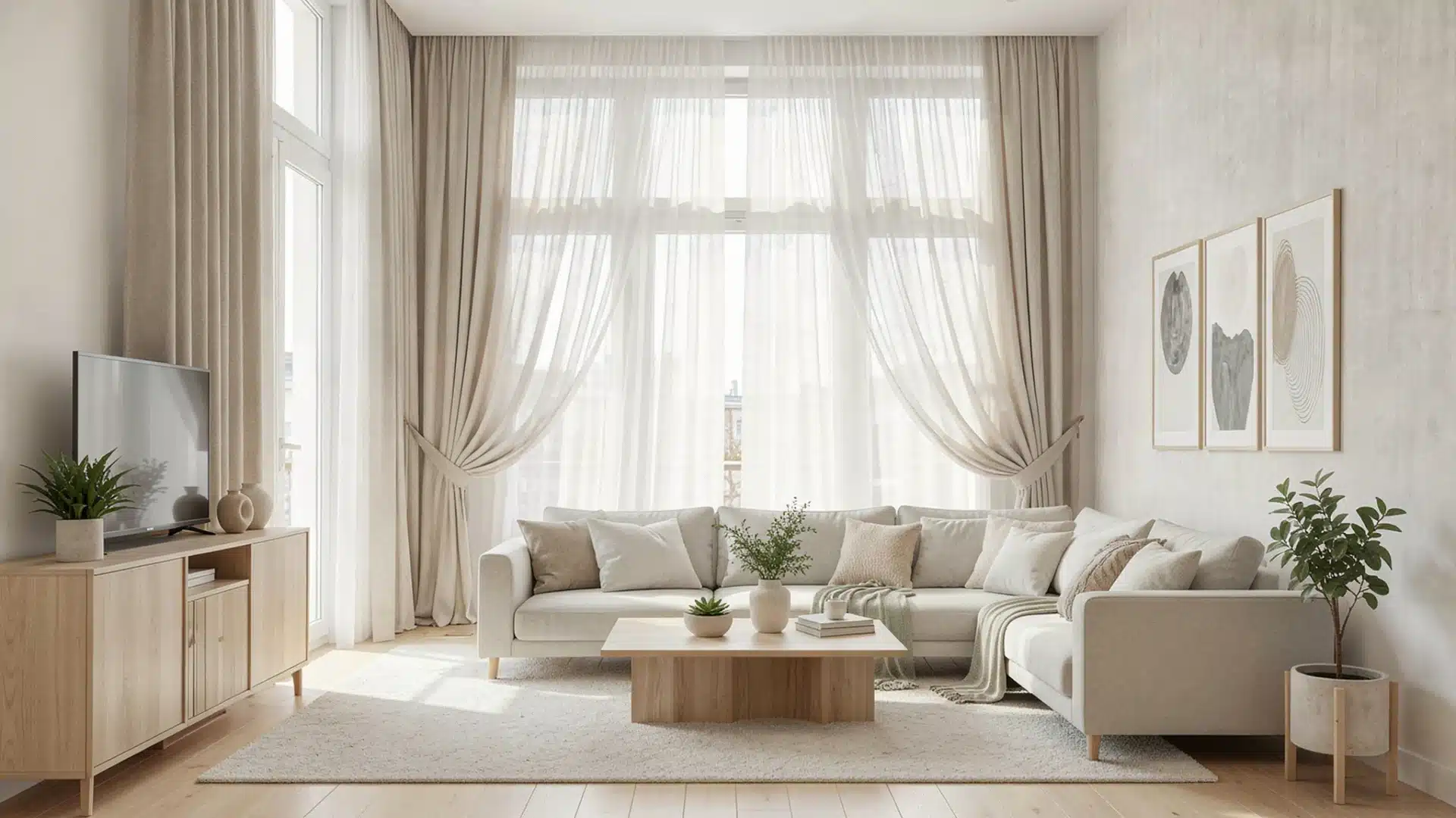 A bright living room featuring white furniture and curtains, creating a clean and airy atmosphere.