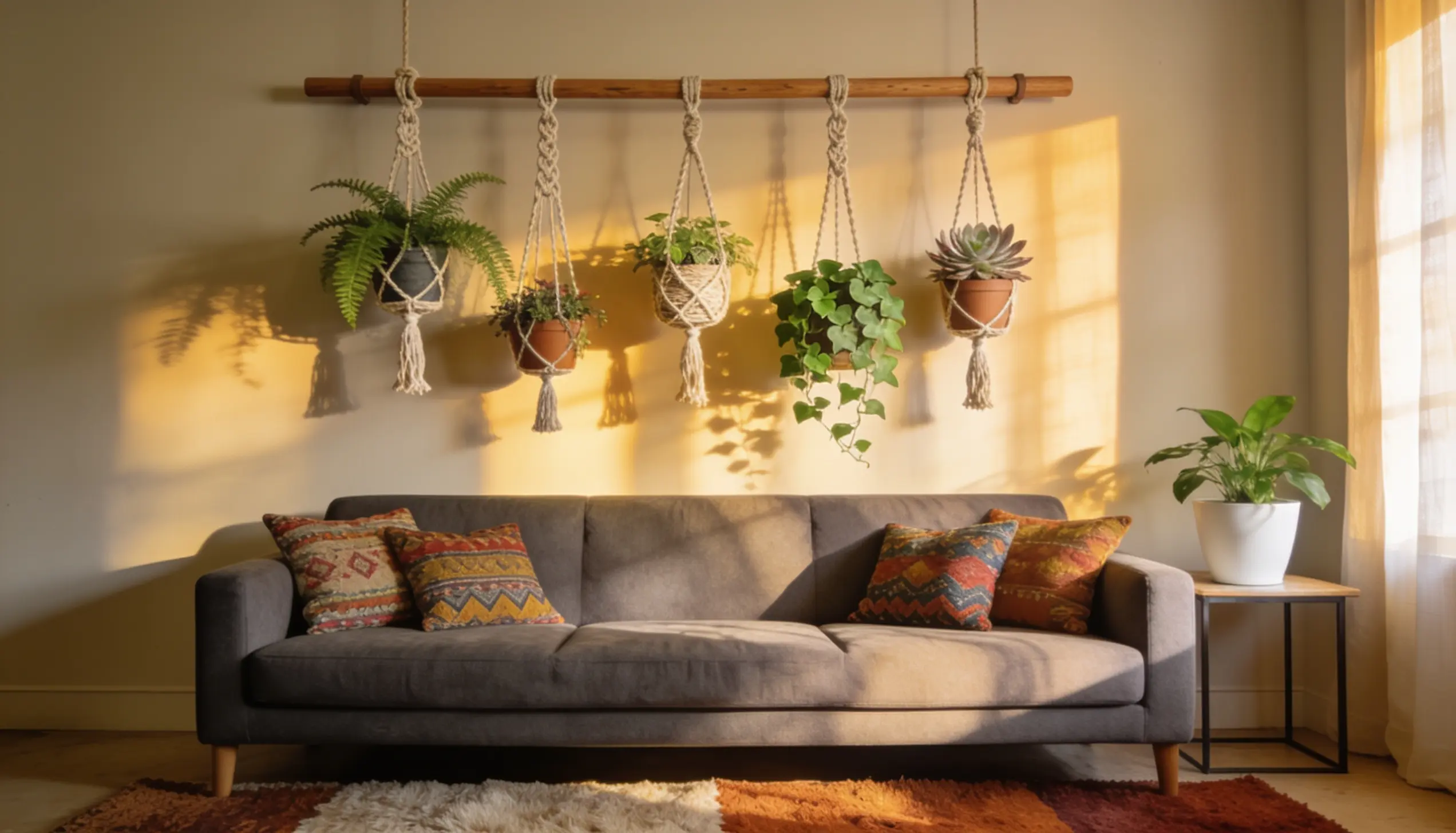 A grey sofa with patterned pillows sits below five macrame plant hangers filled with lush greenery.