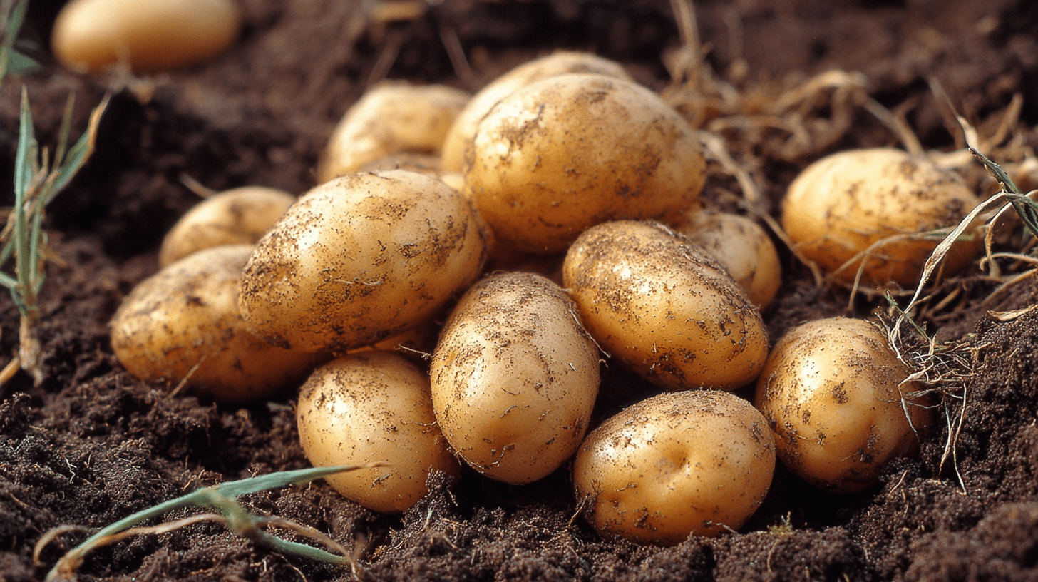A pile of freshly harvested dirty potatoes on dark soil