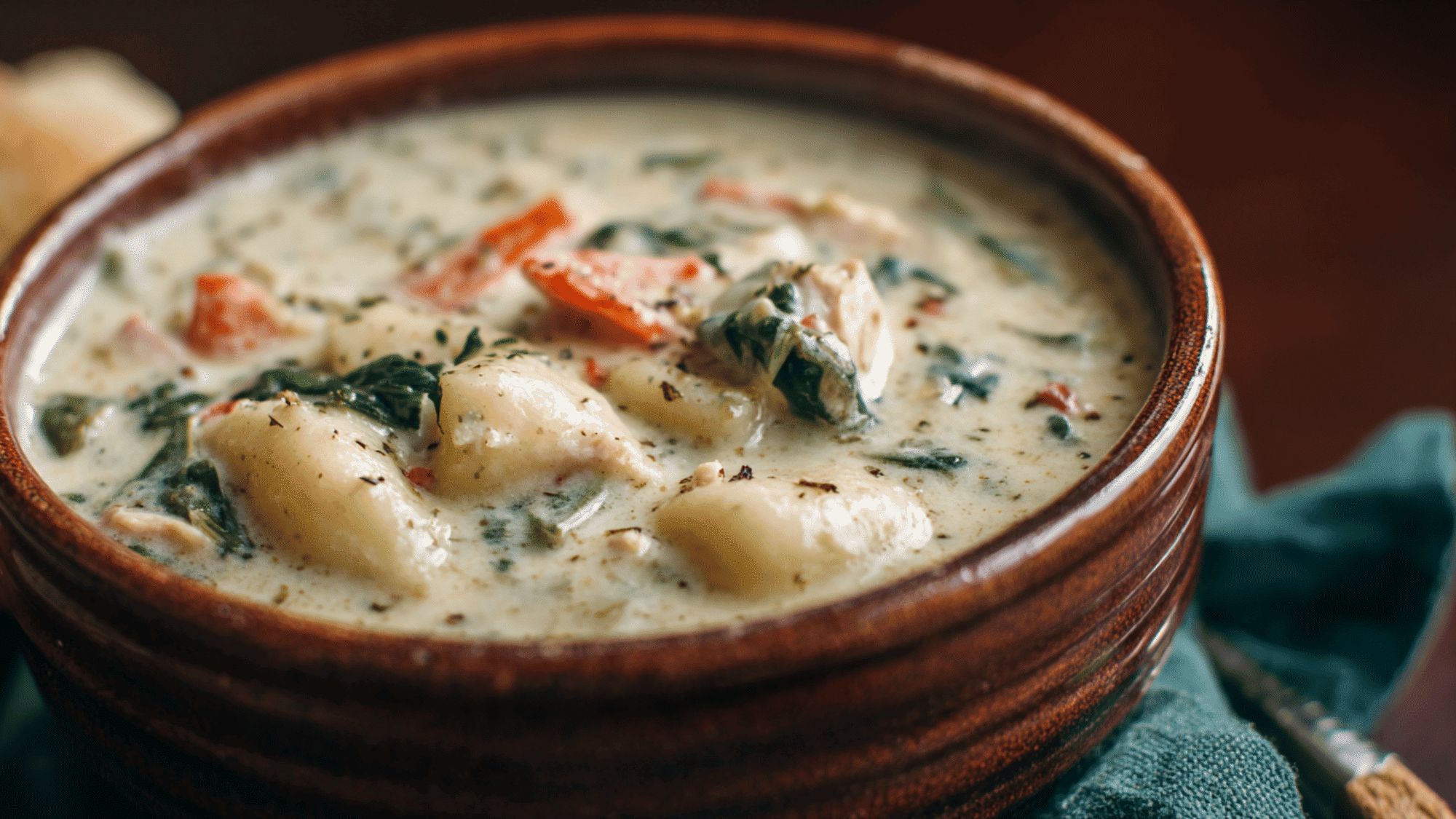 A bowl of creamy copycat Olive Garden chicken gnocchi soup, garnished with fresh spinach and shredded carrots.