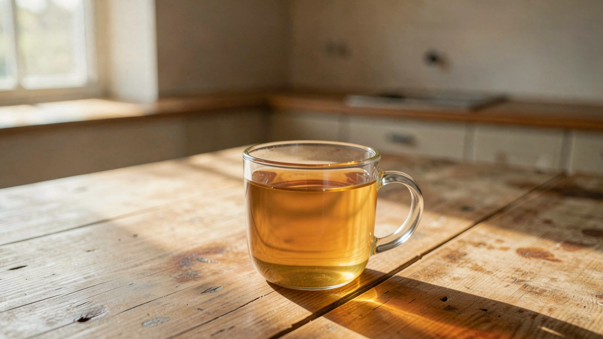 Glass cup filled with dandelion tea rests on a sunlit wooden table