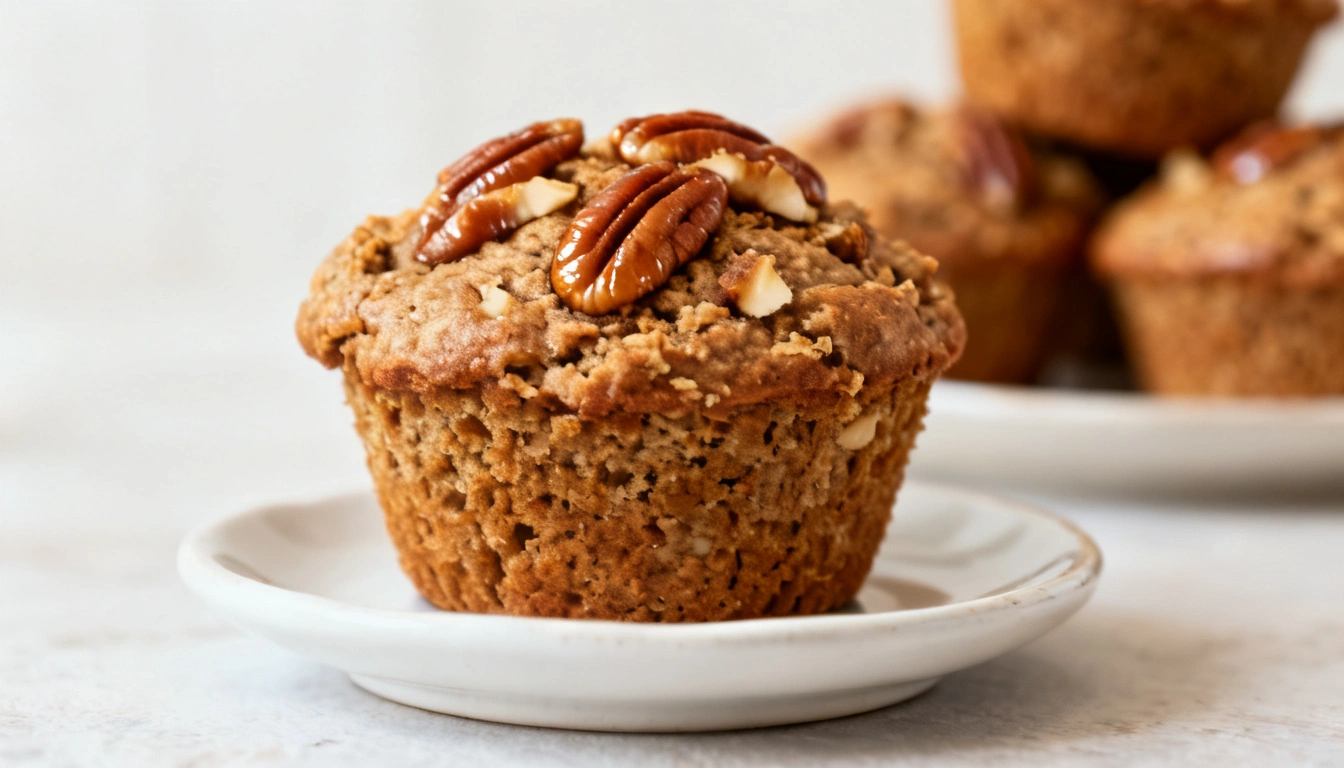 A golden-brown pecan muffin topped with whole and chopped pecans sits on a white saucer, with more muffins blurred in the background.