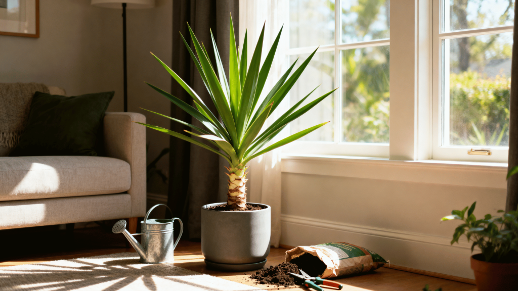 healthy indoor yucca plant in a modern pot near a sunny window with gardening tools nearby.