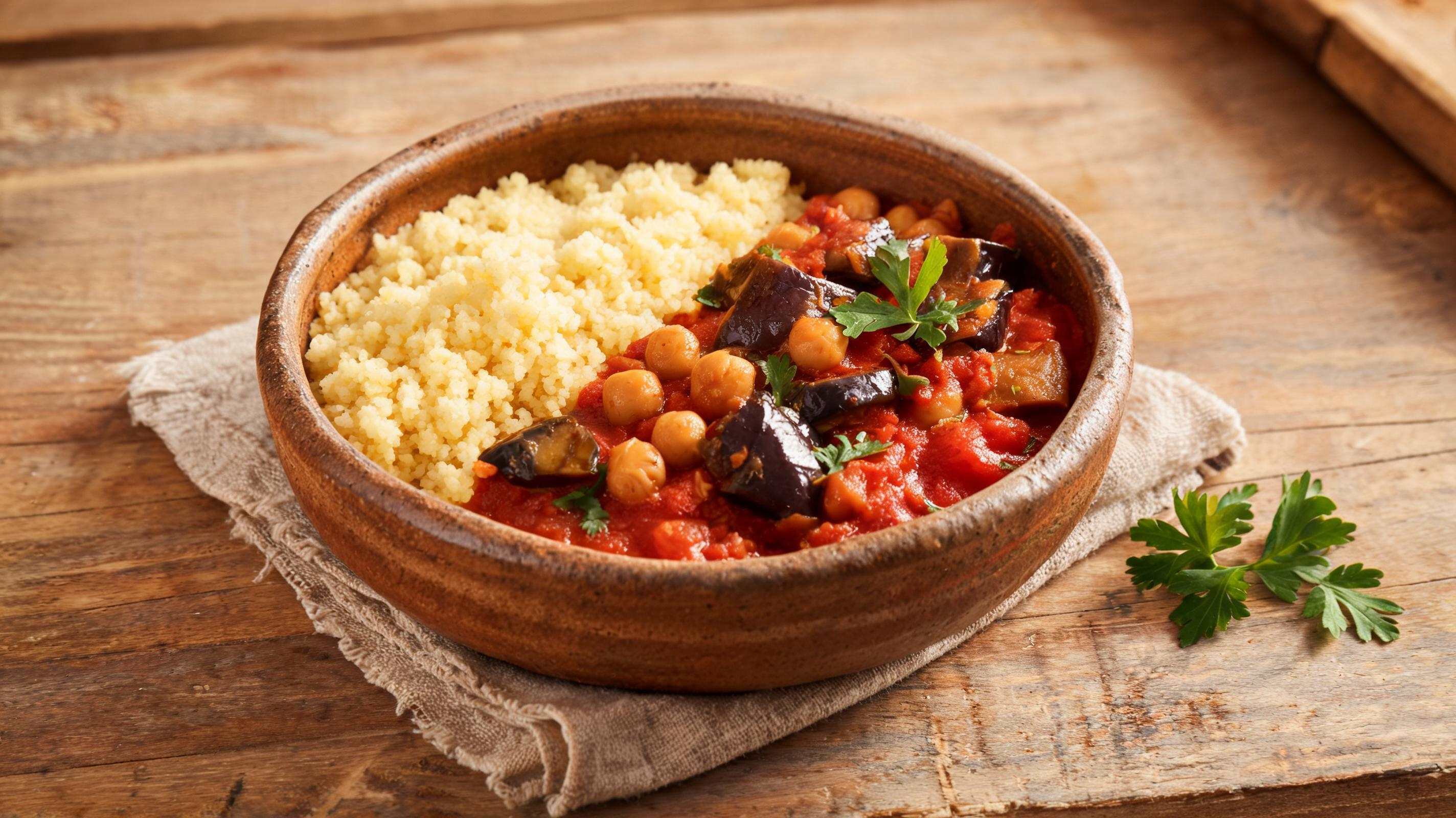 A rich, comforting bowl of Moroccan-inspired eggplant and chickpea stew.