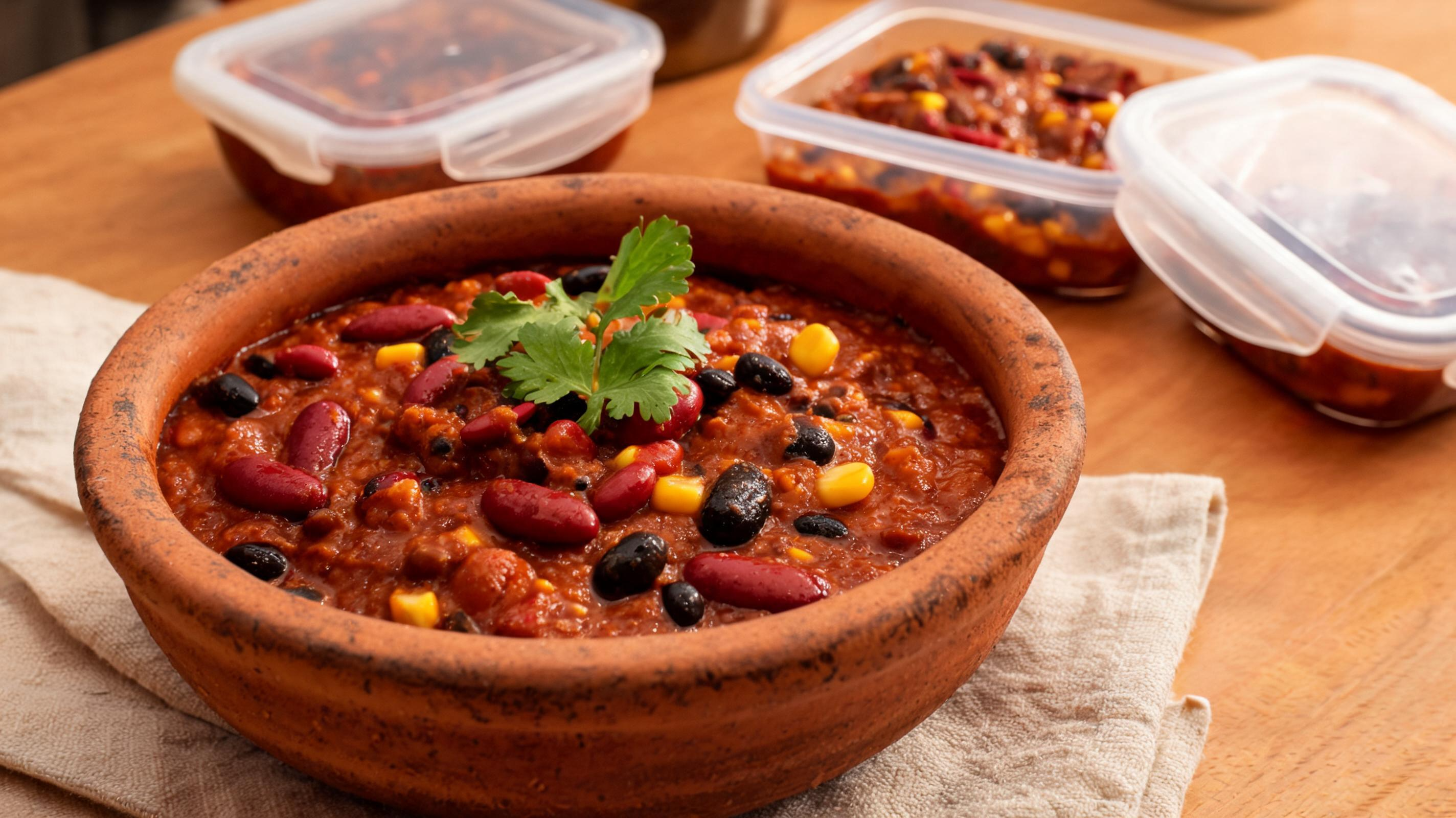 A rich bowl of vegan chili topped with fresh cilantro and a squeeze of lime.