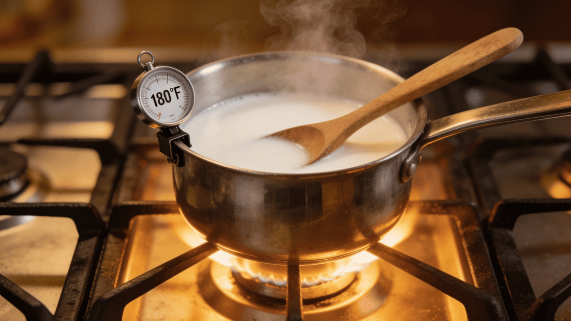 Pouring milk into a heavy-bottomed saucepan to heat for making homemade yogurt.