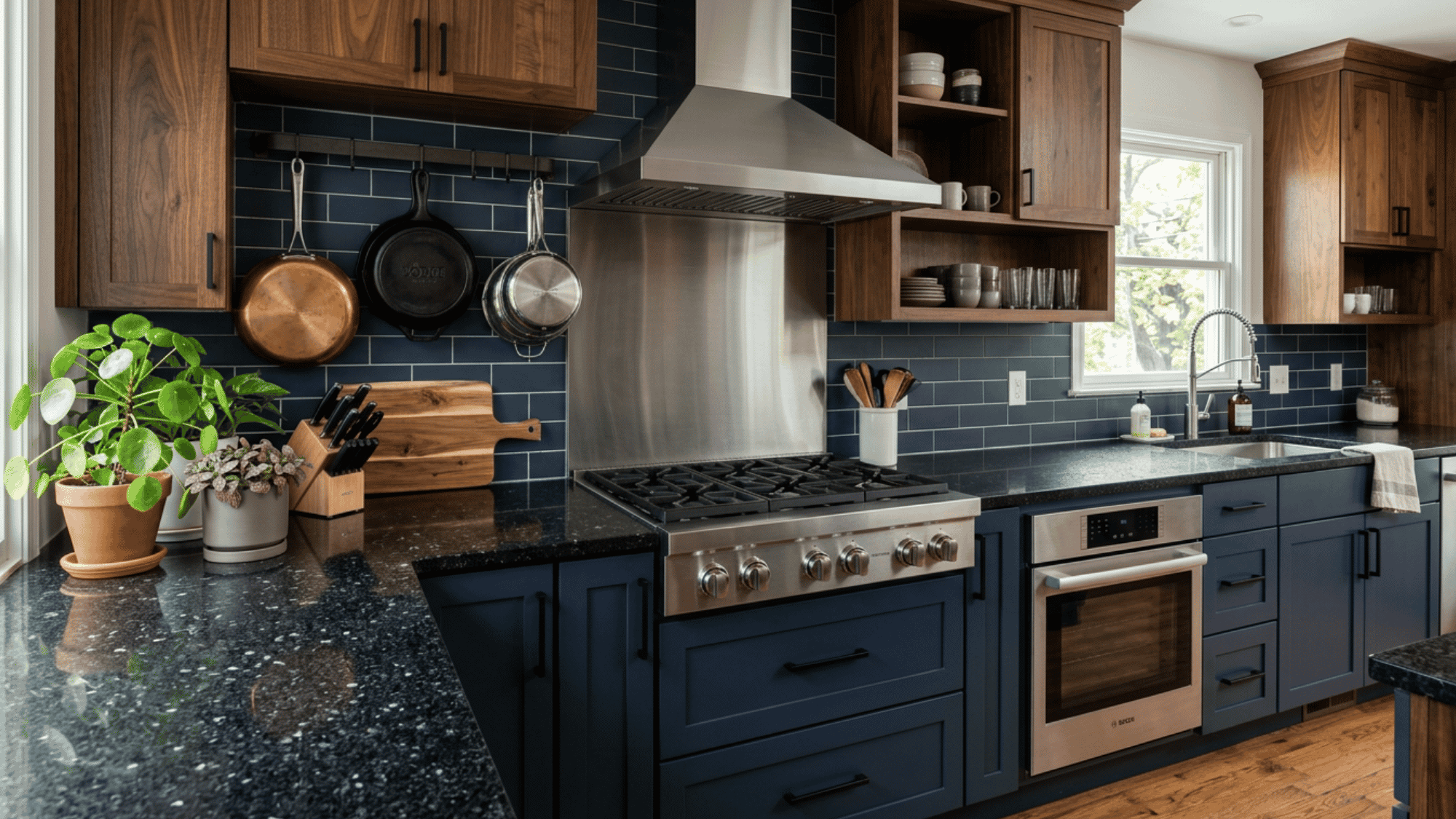 A polished Himalayan Blue granite countertop showcasing its unique blue-gray base with natural white and dark mineral veining.