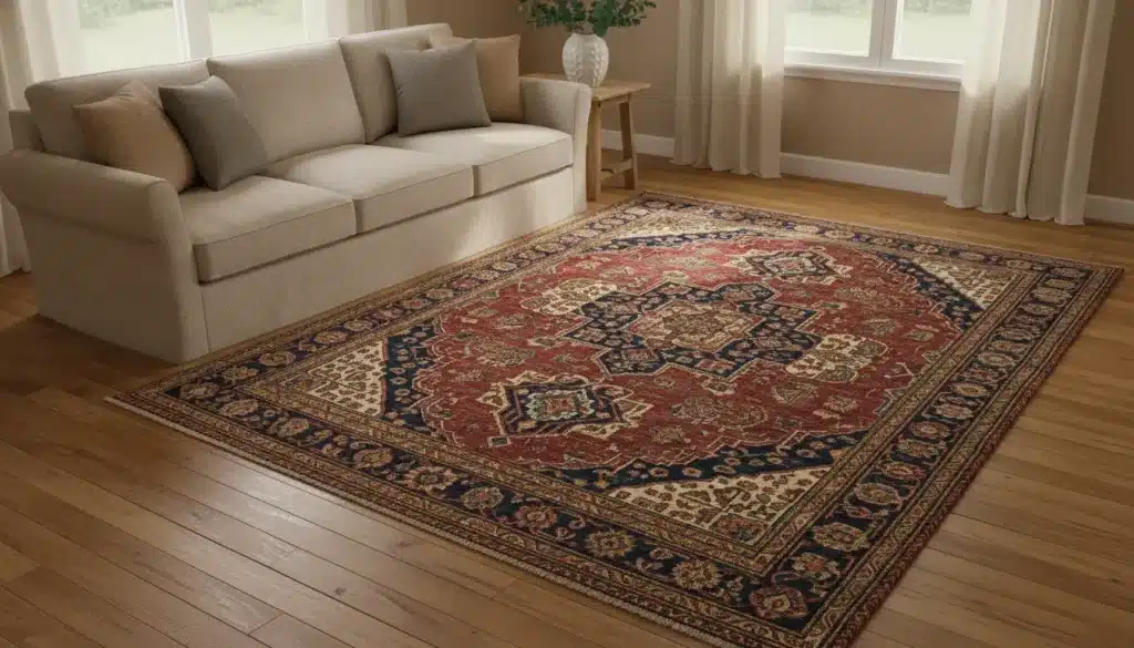 Beige sofa and decorative red Persian rug on hardwood floor in cozy living room