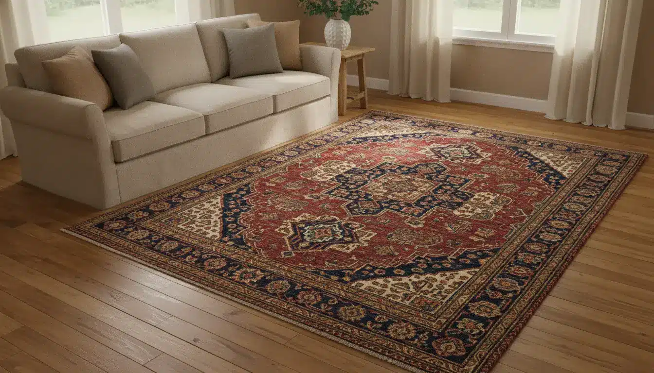 Beige sofa and decorative red Persian rug on hardwood floor in cozy living room
