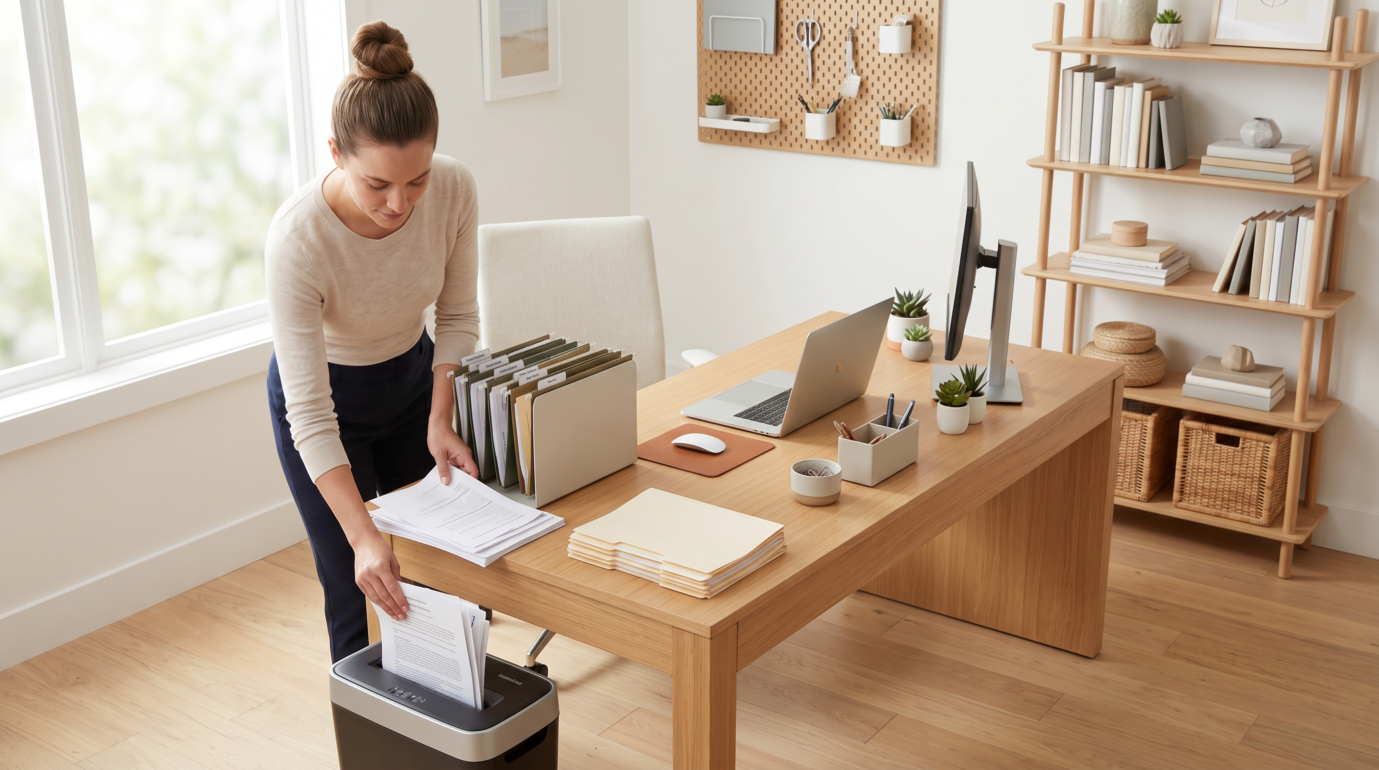 Person shredding papers in a home office with a well lit sunny background.