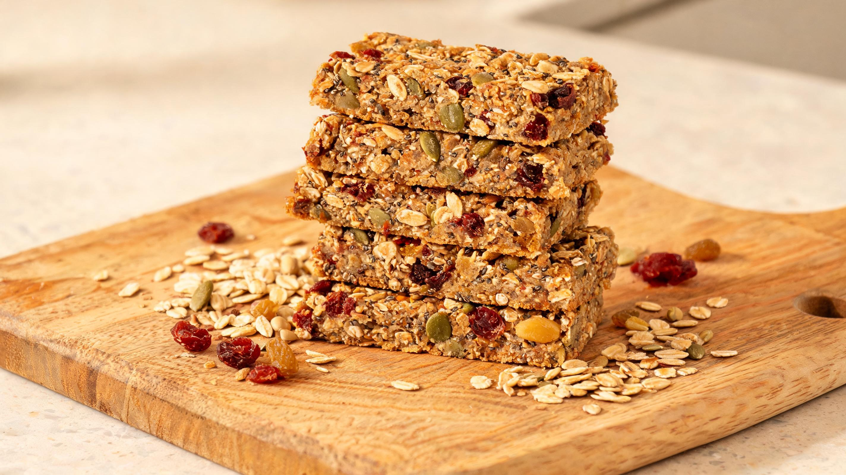 Chewy homemade vegan granola bars packed with rolled oats, nuts, and seeds.
