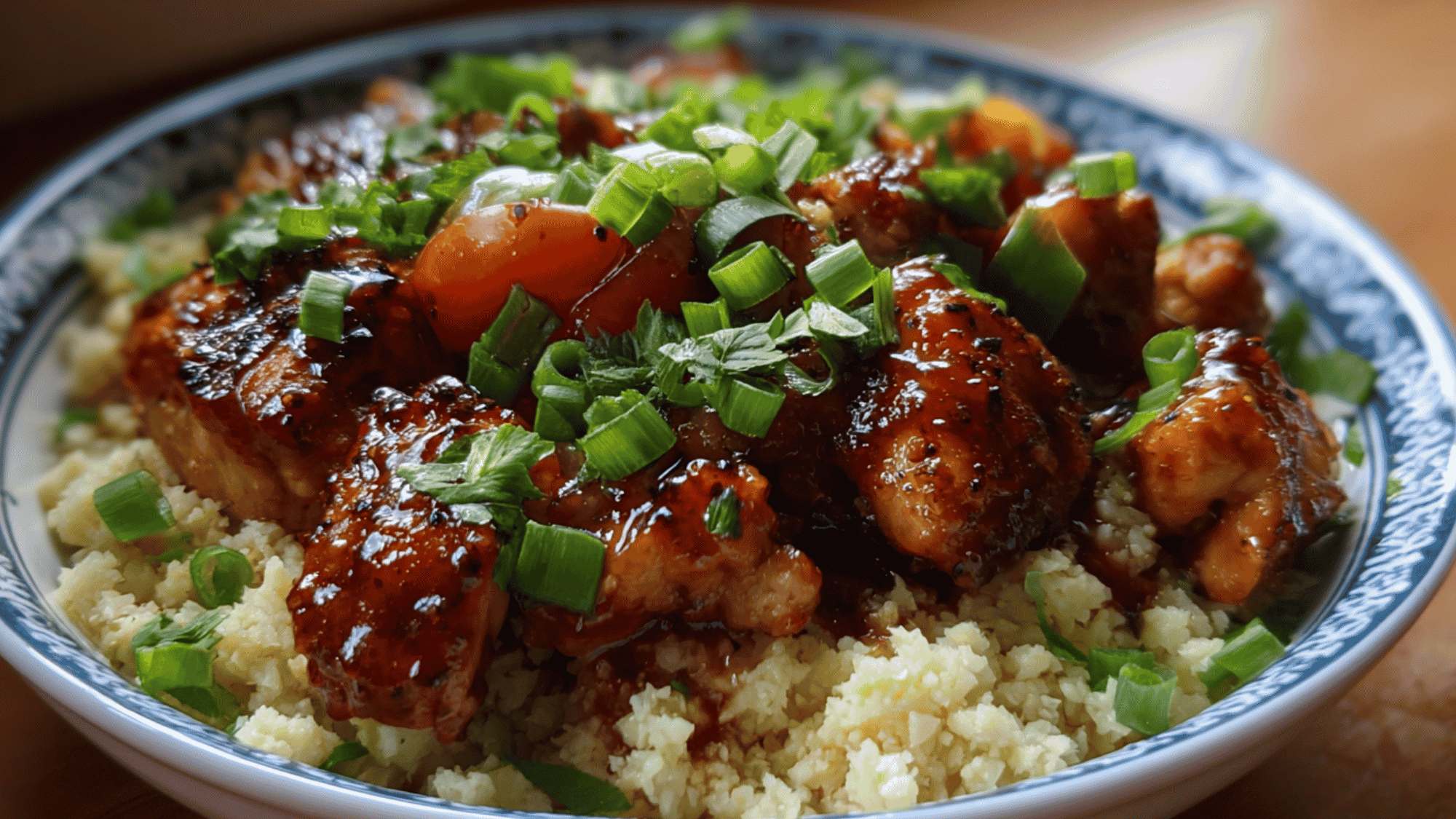 A vibrant meal prep bowl featuring tender pieces of honey garlic chicken coated in a glossy, sweet glaze, served over a bed of fluffy cauliflower rice and garnished with finely sliced green onions.