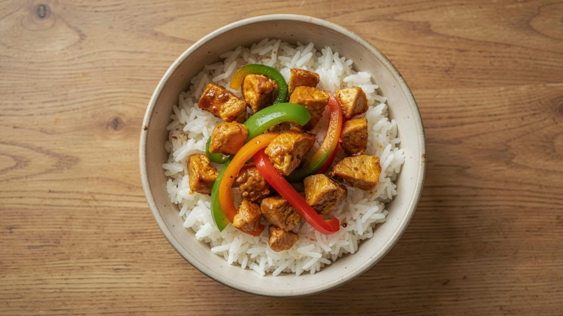 Bowl of honey garlic chicken stir fry and sliced bell peppers