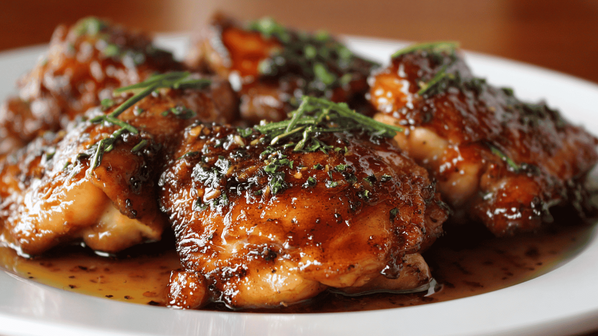 Slow cooker honey garlic chicken thighs coated in a glossy, savory glaze.