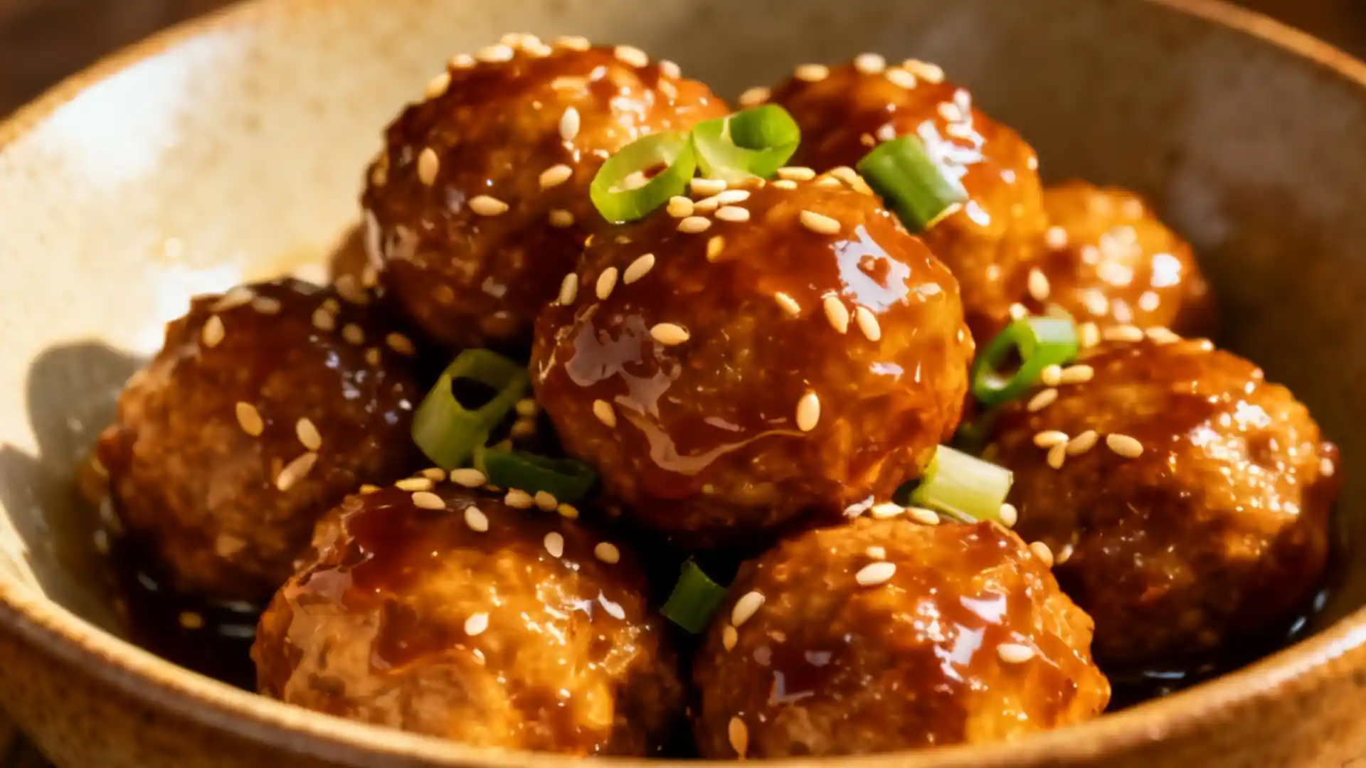 Close-up of glazed meatballs sprinkled with sesame seeds and green onions in a bowl.