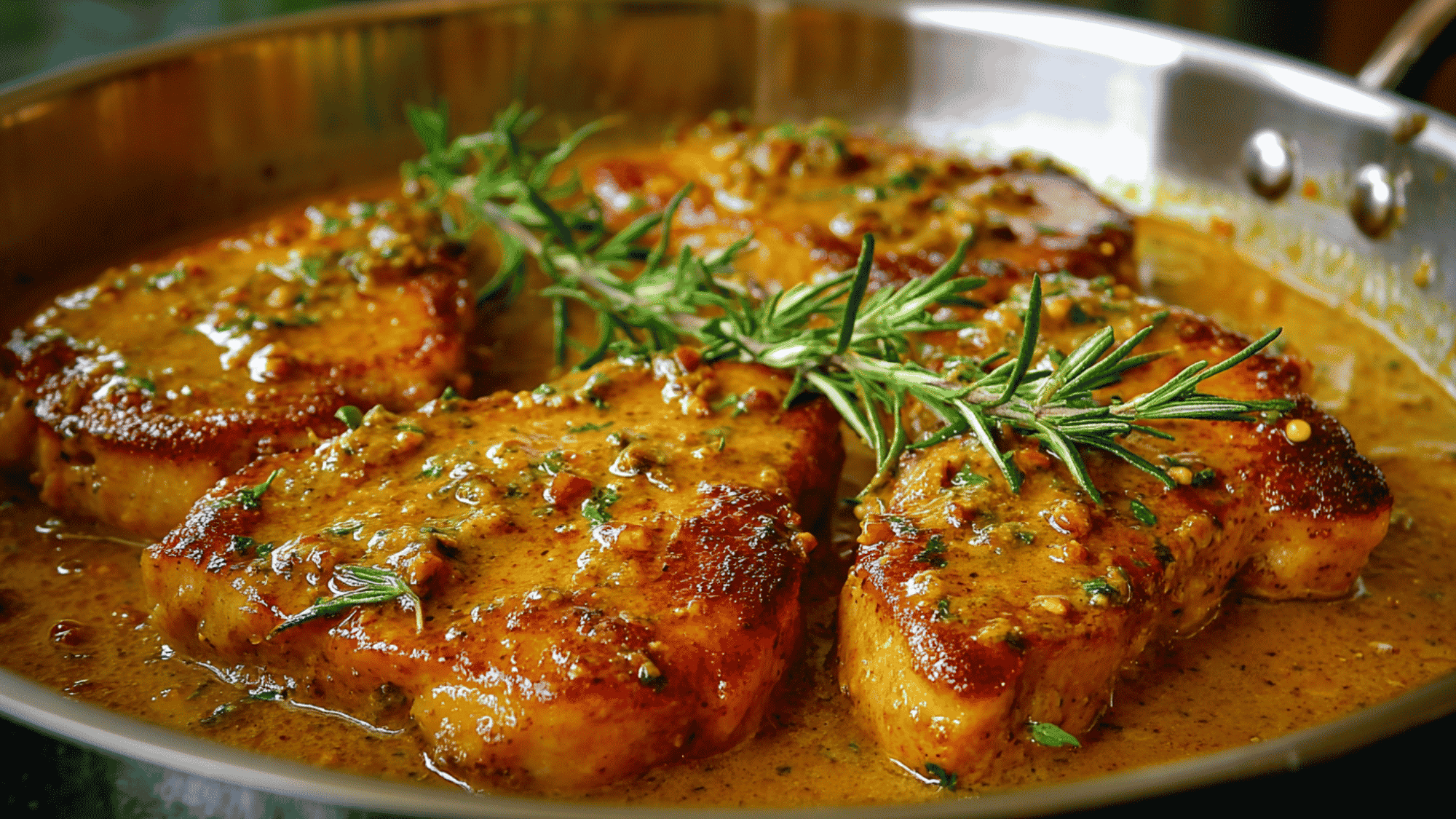 Thick-cut boneless pork chops simmering in a sweet and tangy honey mustard sauce inside a slow cooker.