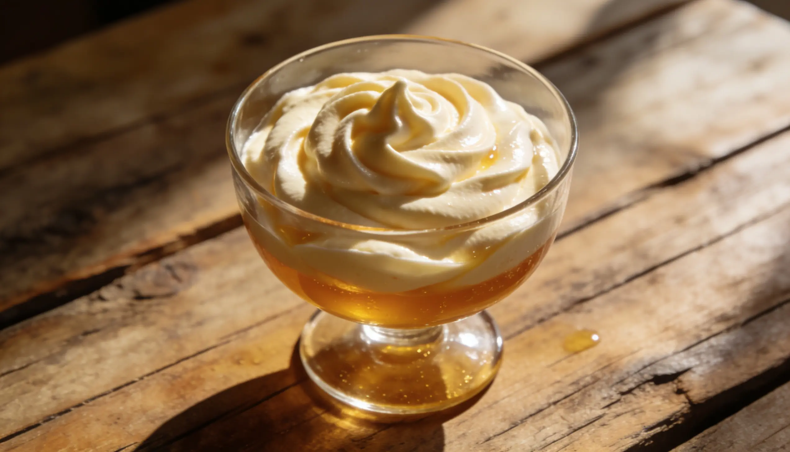 A glass filled with ice cream topped with whipped cream and drizzled with caramel syrup.