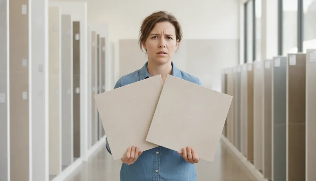 Person holding two beige tiles in a showroom with various tile displays in background