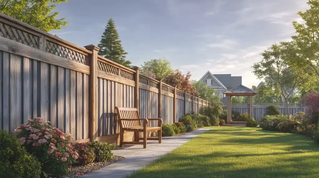 Wooden bench on garden path beside a fence surrounded by lush greenery and flowers