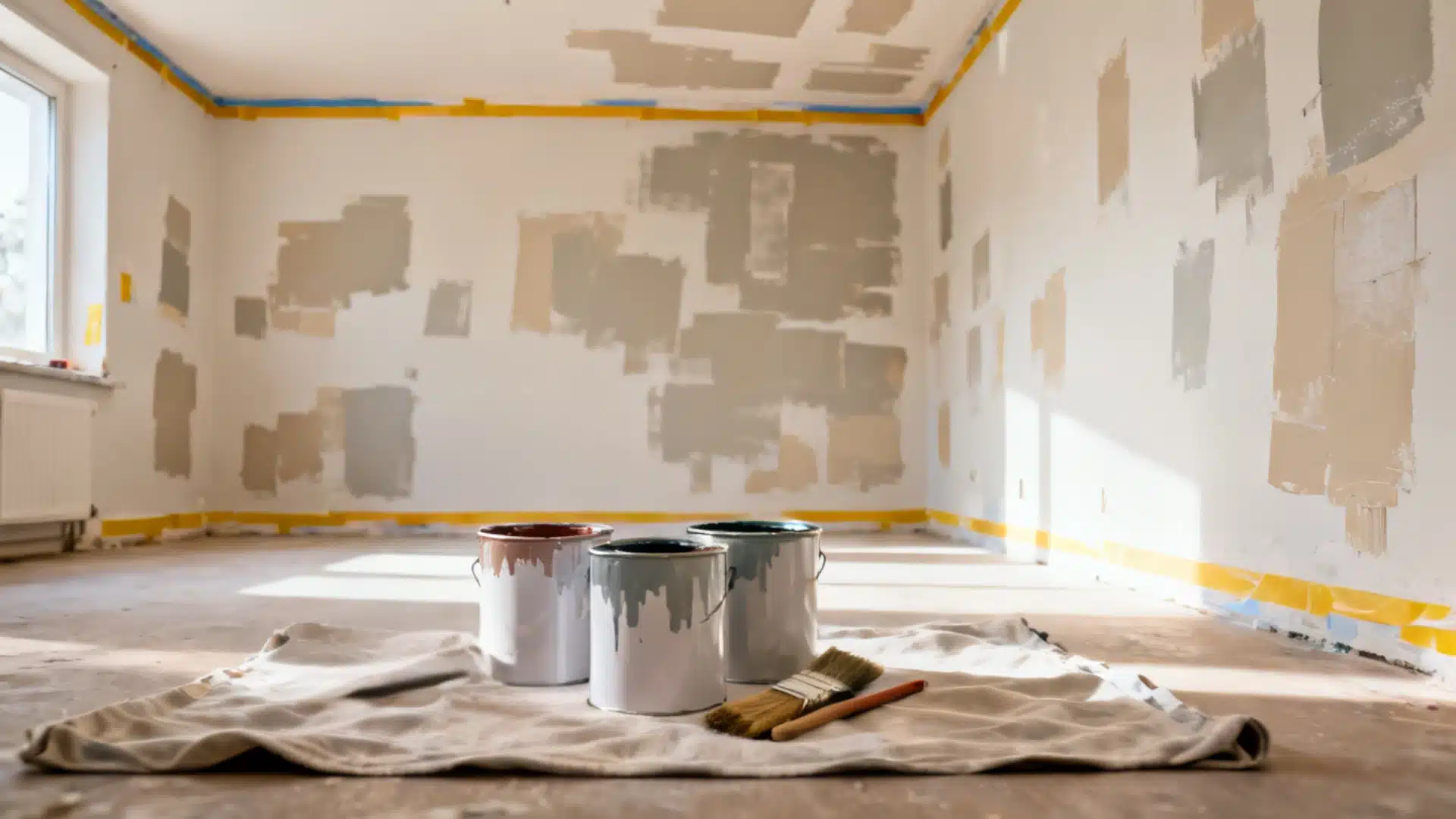Paint and brushes arranged on the floor of an empty room, ready for a creative project