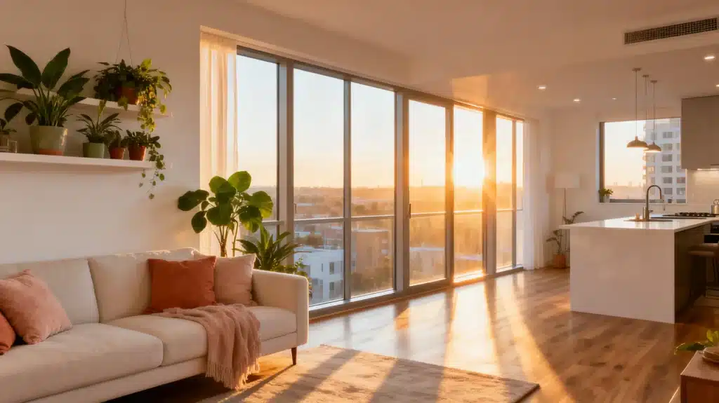 Modern living room with beige sofa, plants, large windows, and sunset view illuminating wood floor