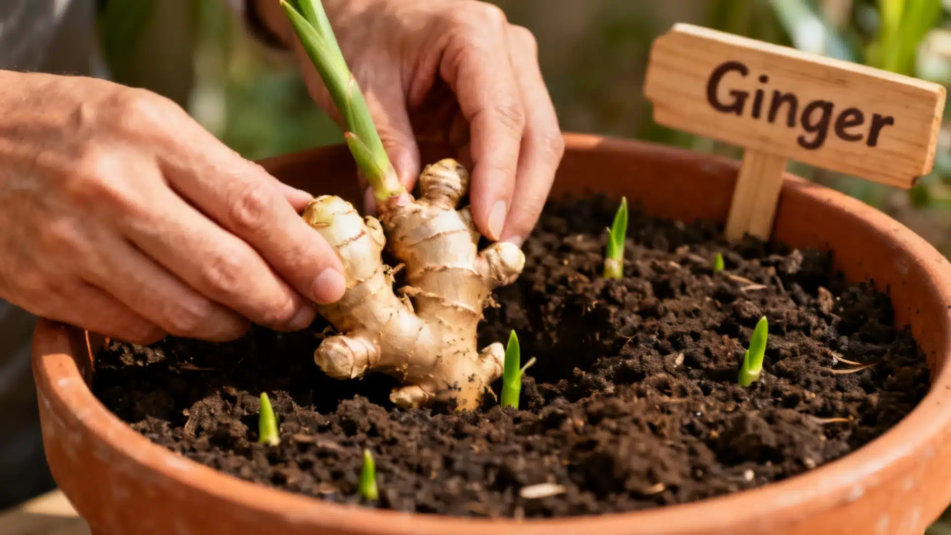 Whole ginger root displayed showing close up of growing ginger on a wooden surface