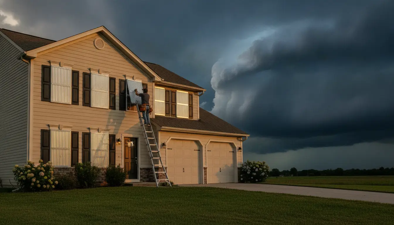 Man installing storm shutters on house windows under dark cloudy sky