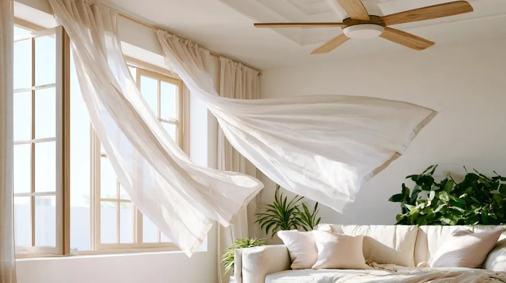 Sheer curtains billowing in sunlight from large windows in airy living room with plants