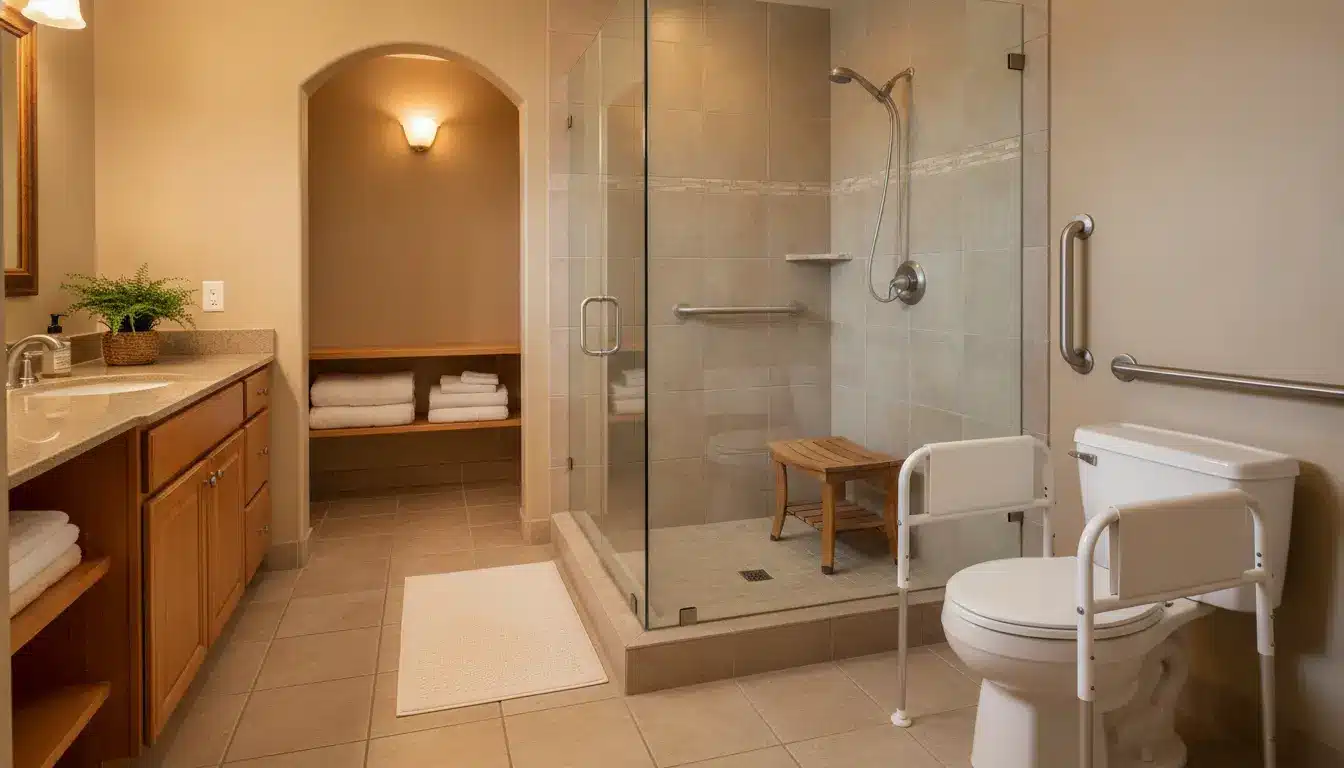 Accessible bathroom with walk-in shower, support bars, and wooden vanity in warm lighting