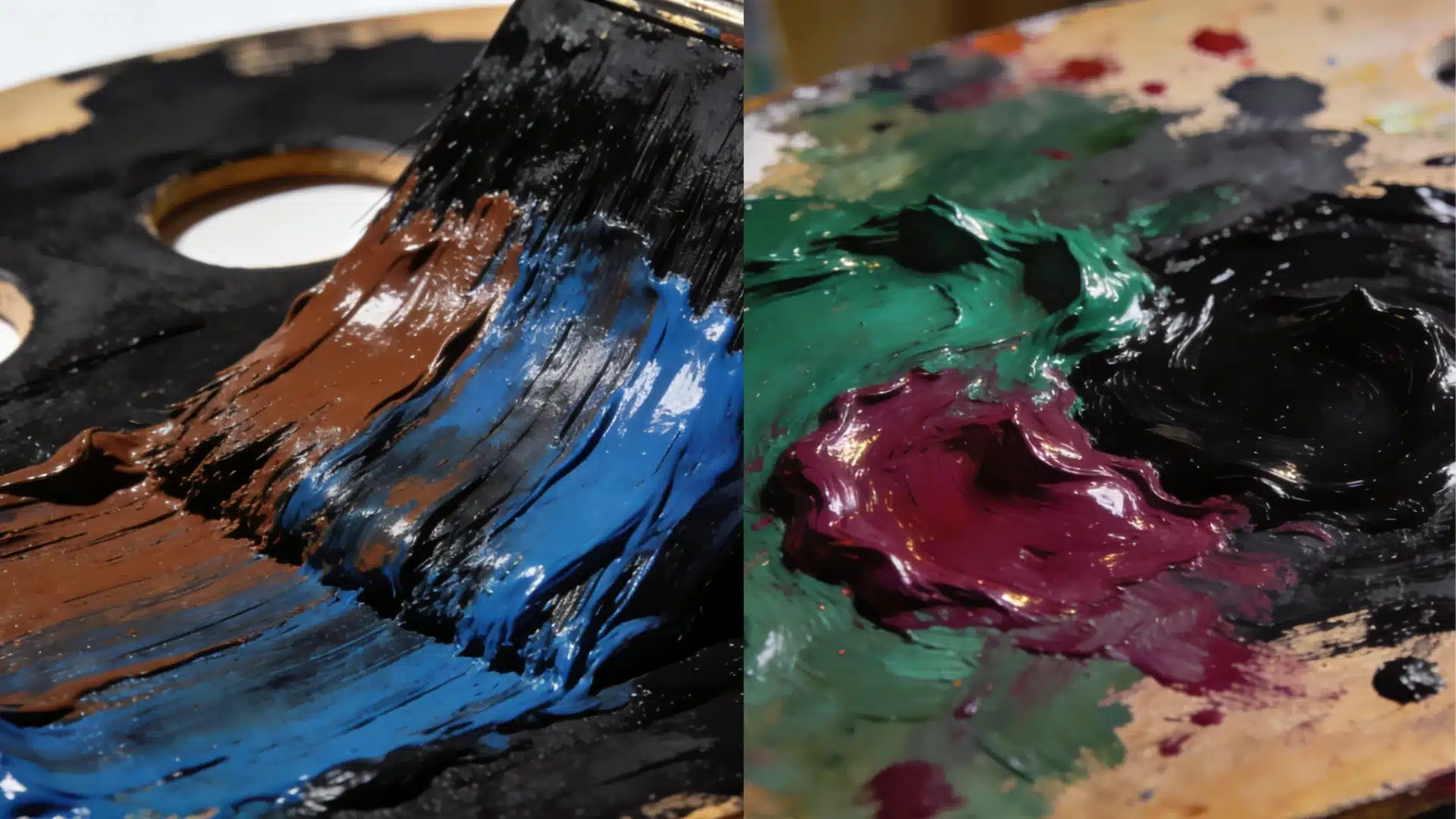 Split palette left shows brown and blue paint mixing into black and right shows green, magenta, and black