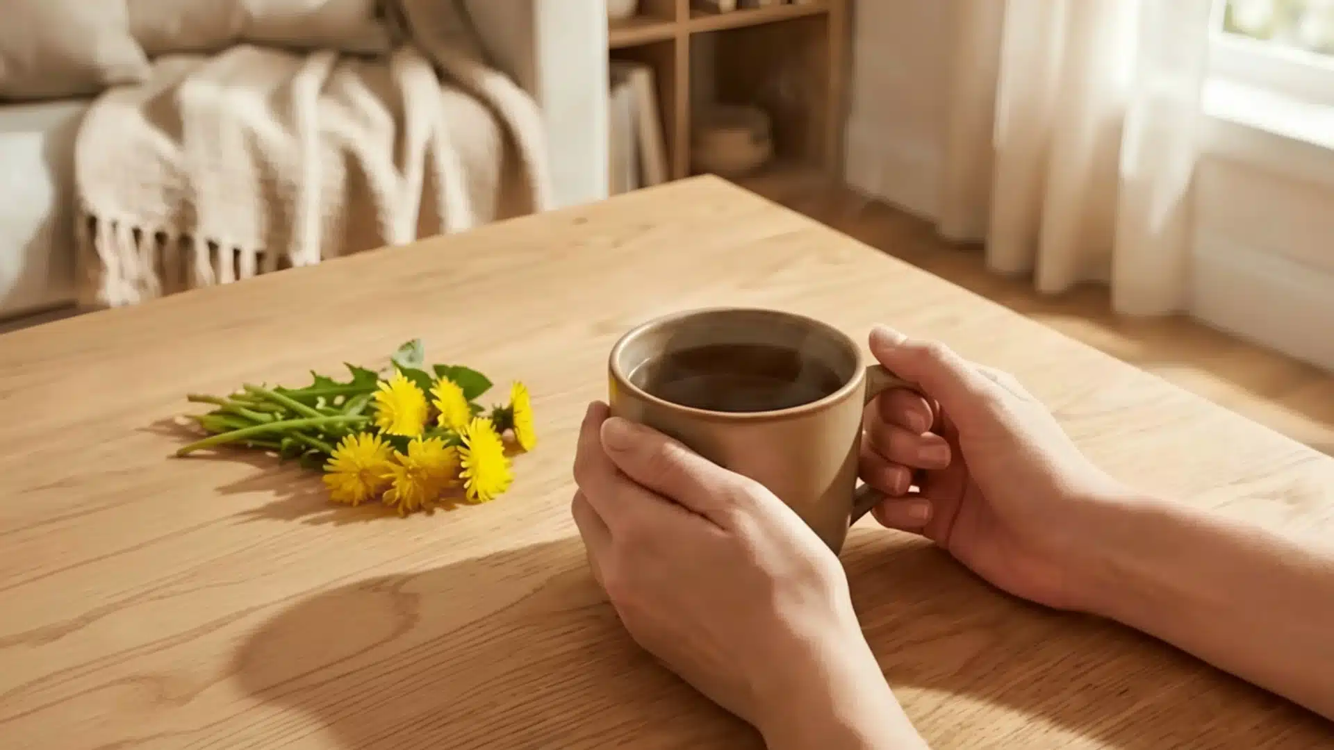 Hands holding a mug of dandelion tea next to a bunch of dandelions on a wooden table