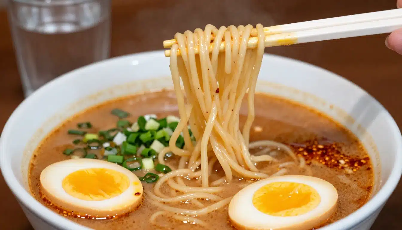 A bowl of ramen with sliced soft-boiled eggs, chopped green onions, and broth, with noodles being lifted by chopsticks.