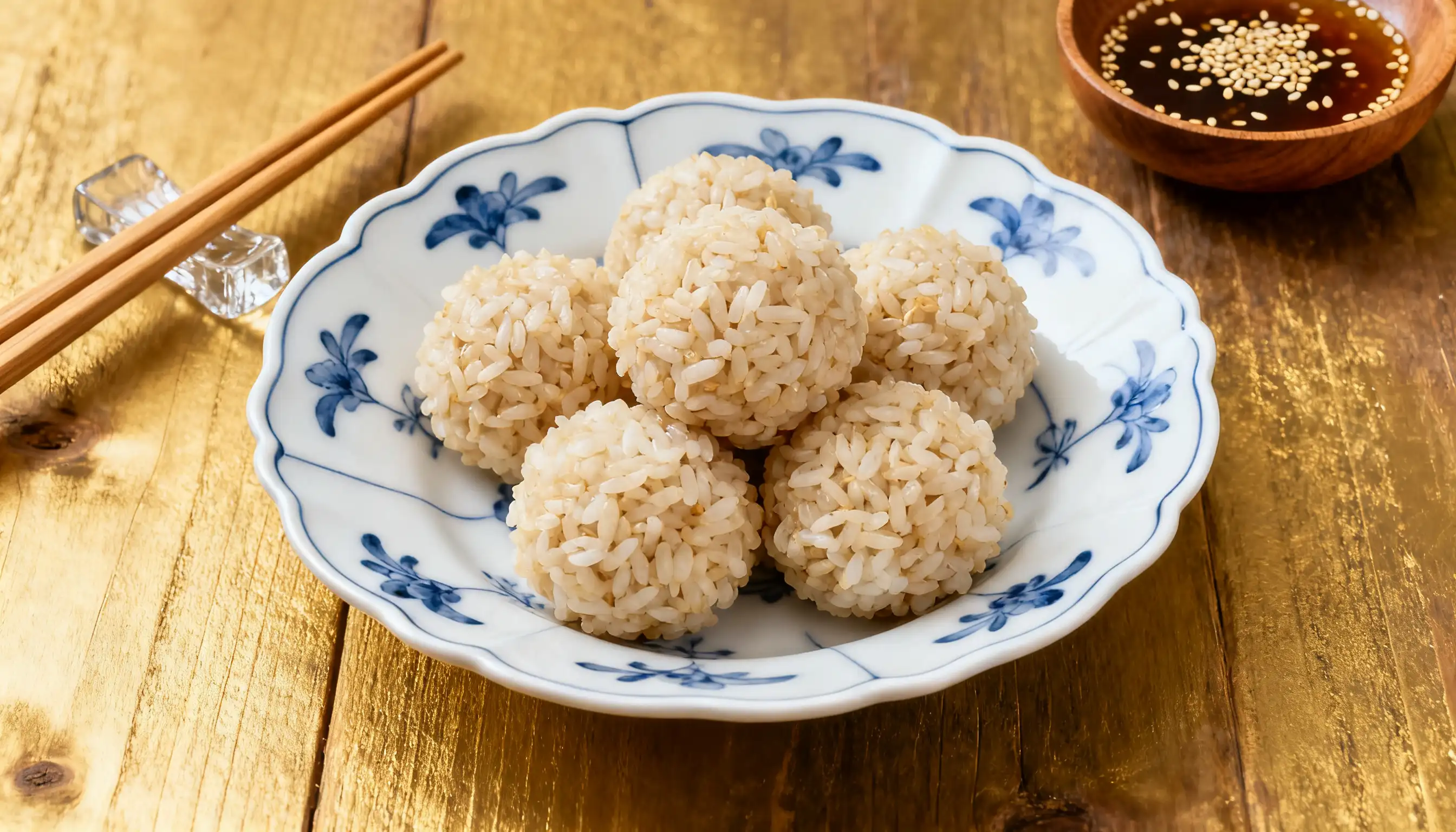 A plate of rice balls served with dipping sauce and chopsticks, showcasing a delicious Asian cuisine presentation.
