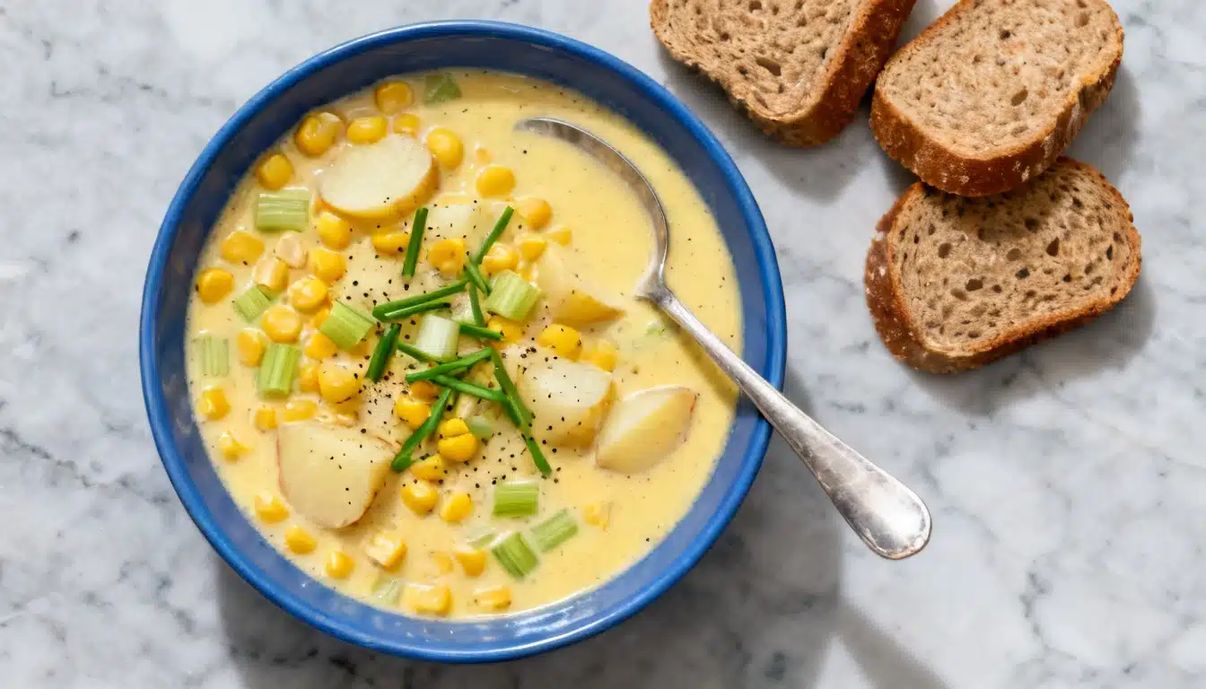 A bowl of potato corn chowder garnished with chives, served with slices of brown bread on the side.
