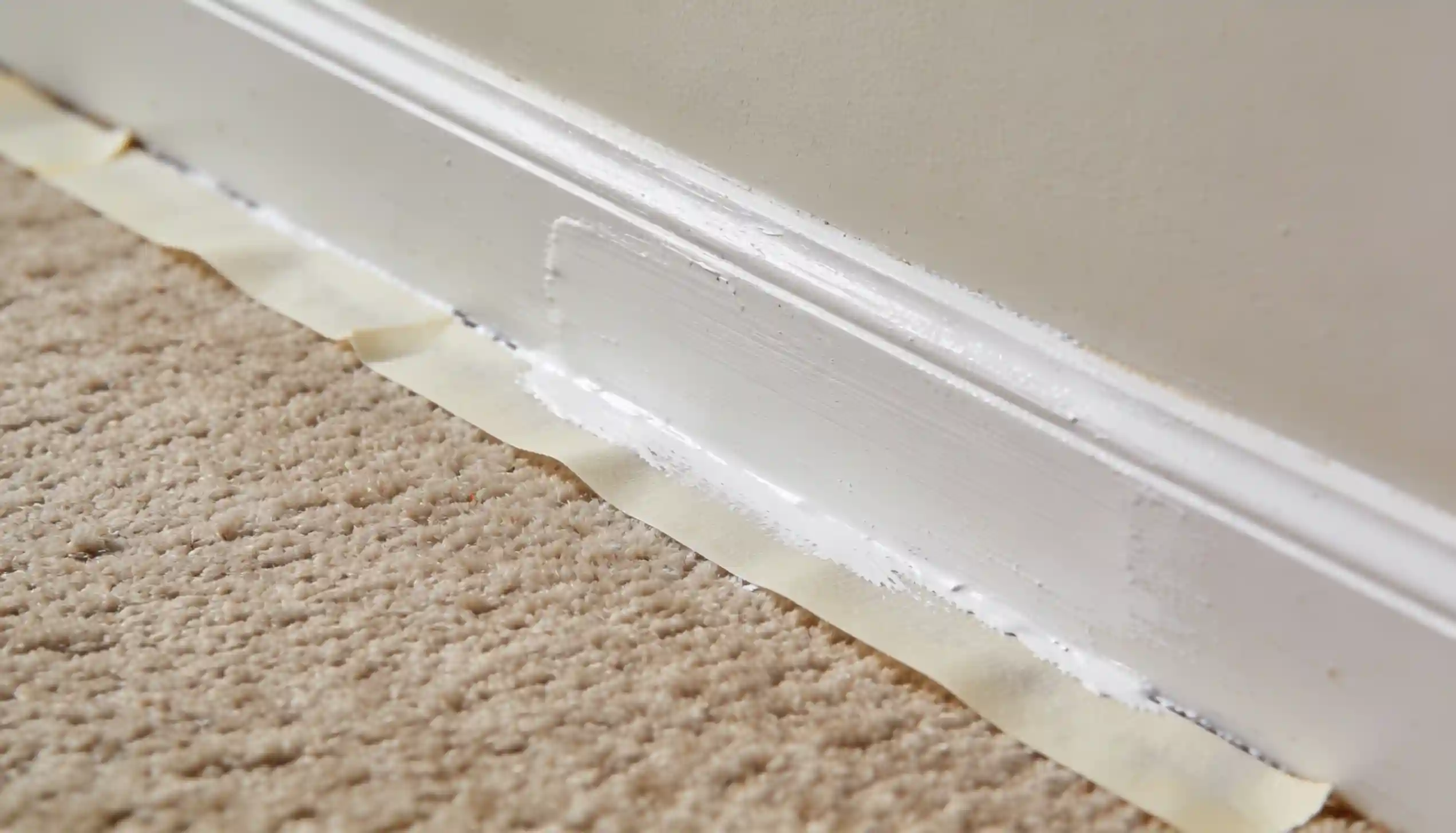 Painter's tape protects a beige carpet from fresh white paint on a baseboard.