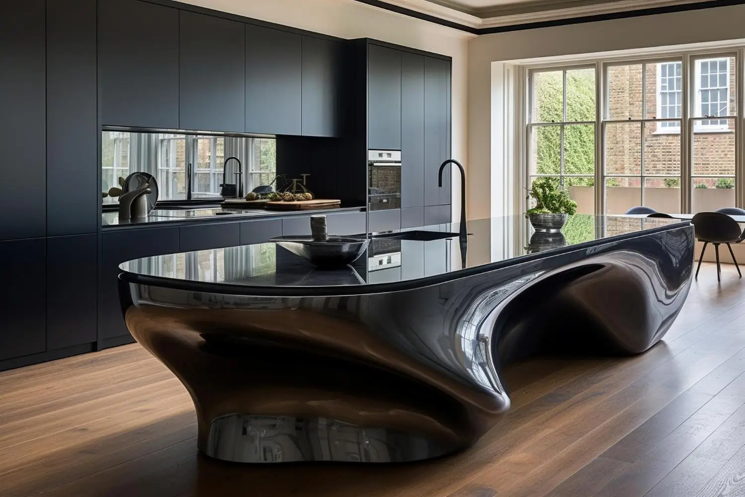 Sleek black kitchen with curved island and large windows in contemporary home