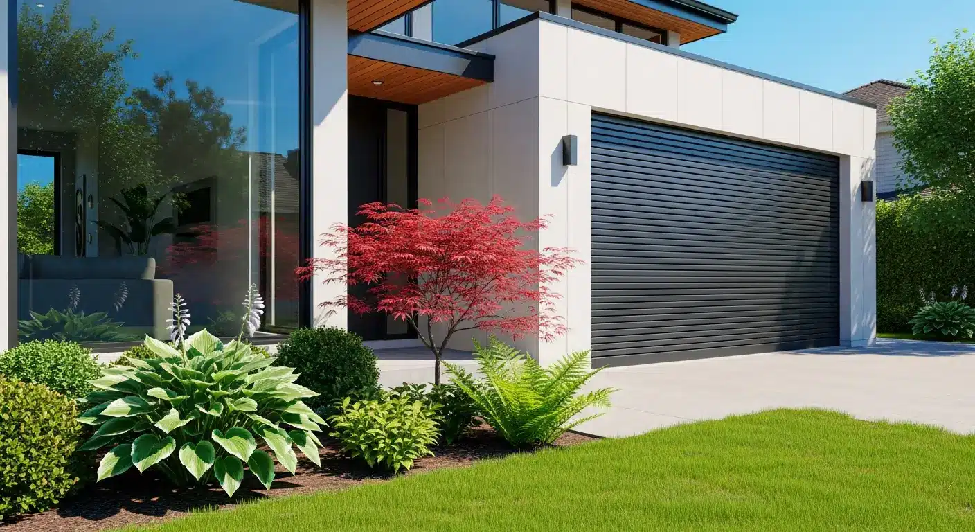 Modern house exterior with black garage door and landscaped garden featuring red maple and green plants