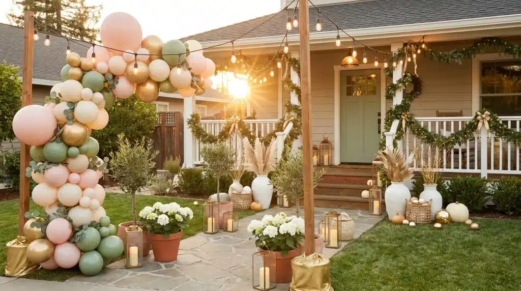 Balloon arch and decorative lanterns in festive outdoor celebration setting with glowing string lights
