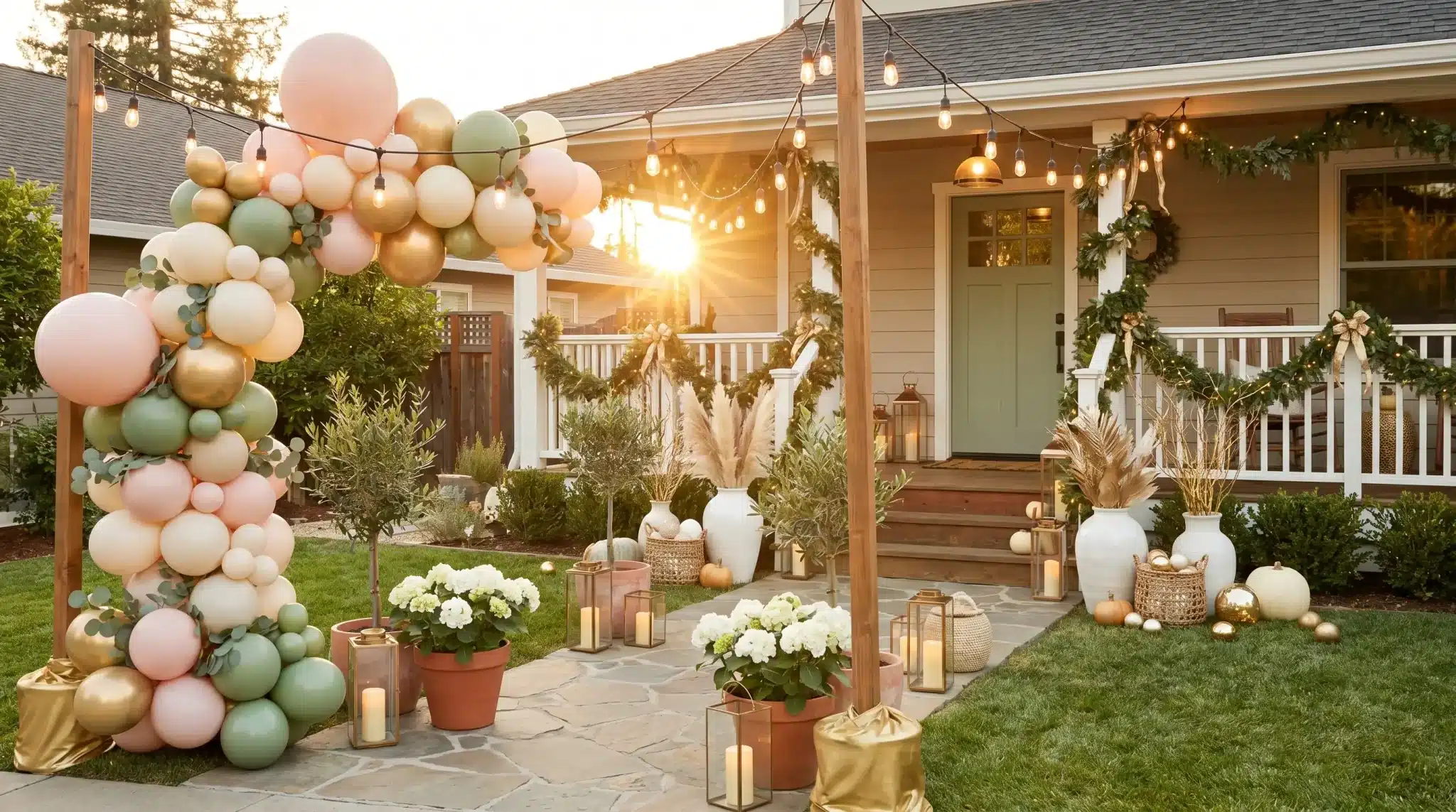 Balloon arch and decorative lanterns in festive outdoor celebration setting with glowing string lights