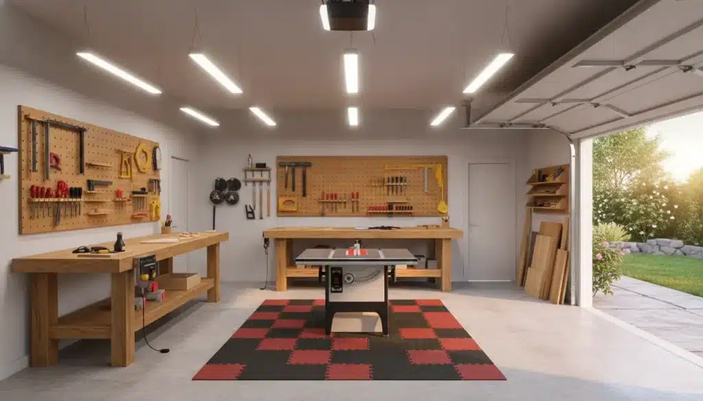 Workshop with wall-mounted tools, wooden workbench, and table saw under bright lighting