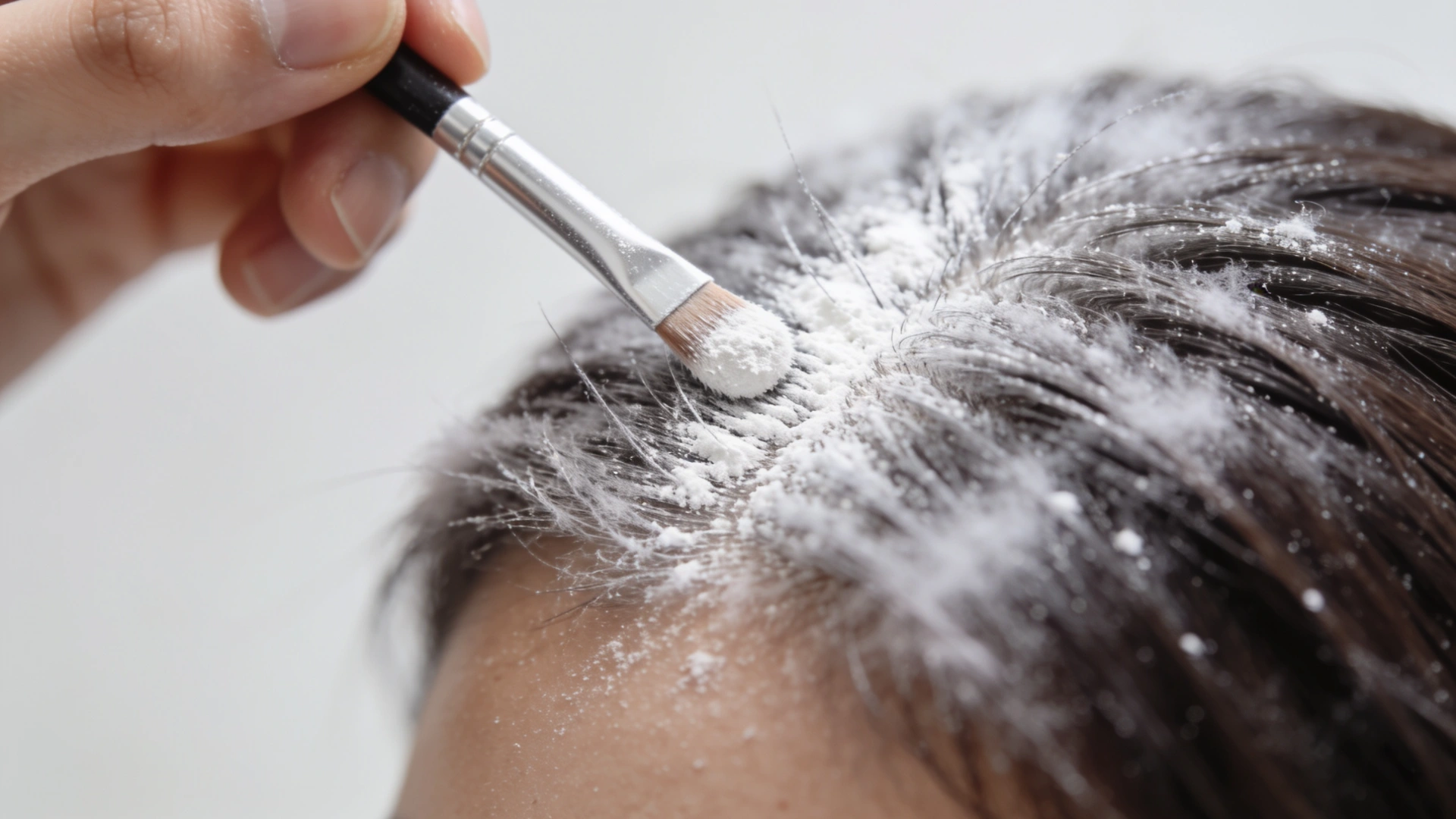 A woman using a hairbrush to applu diy dry shampoo