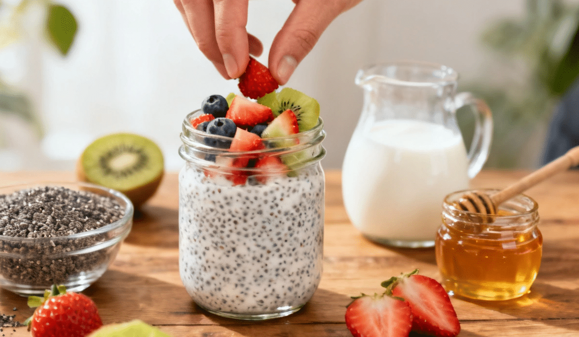 A hand places a strawberry on top of chia seed pudding in a jar, surrounded by fresh fruit, milk, and honey.