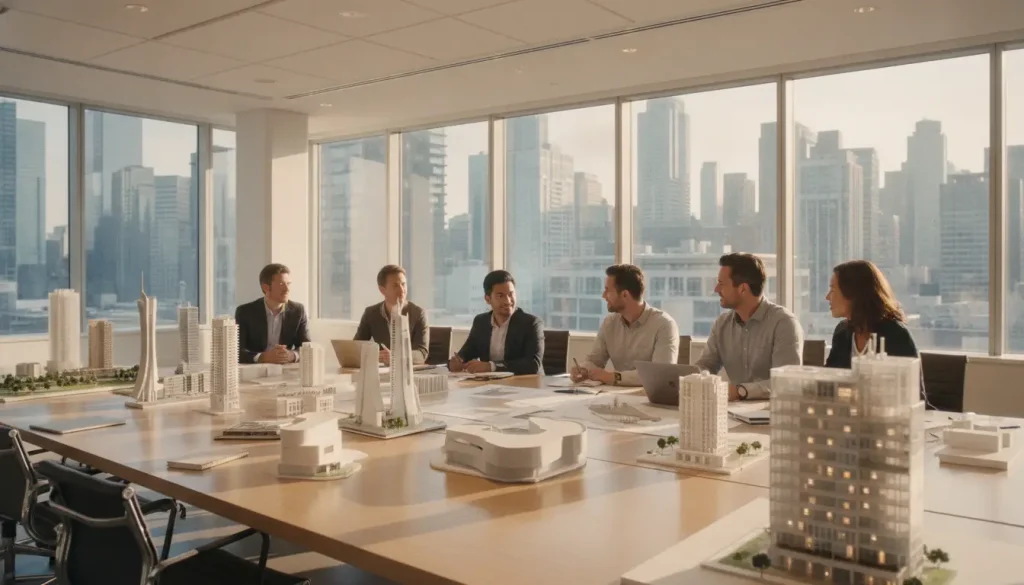Business professionals discussing architectural models around conference table in modern office with city view
