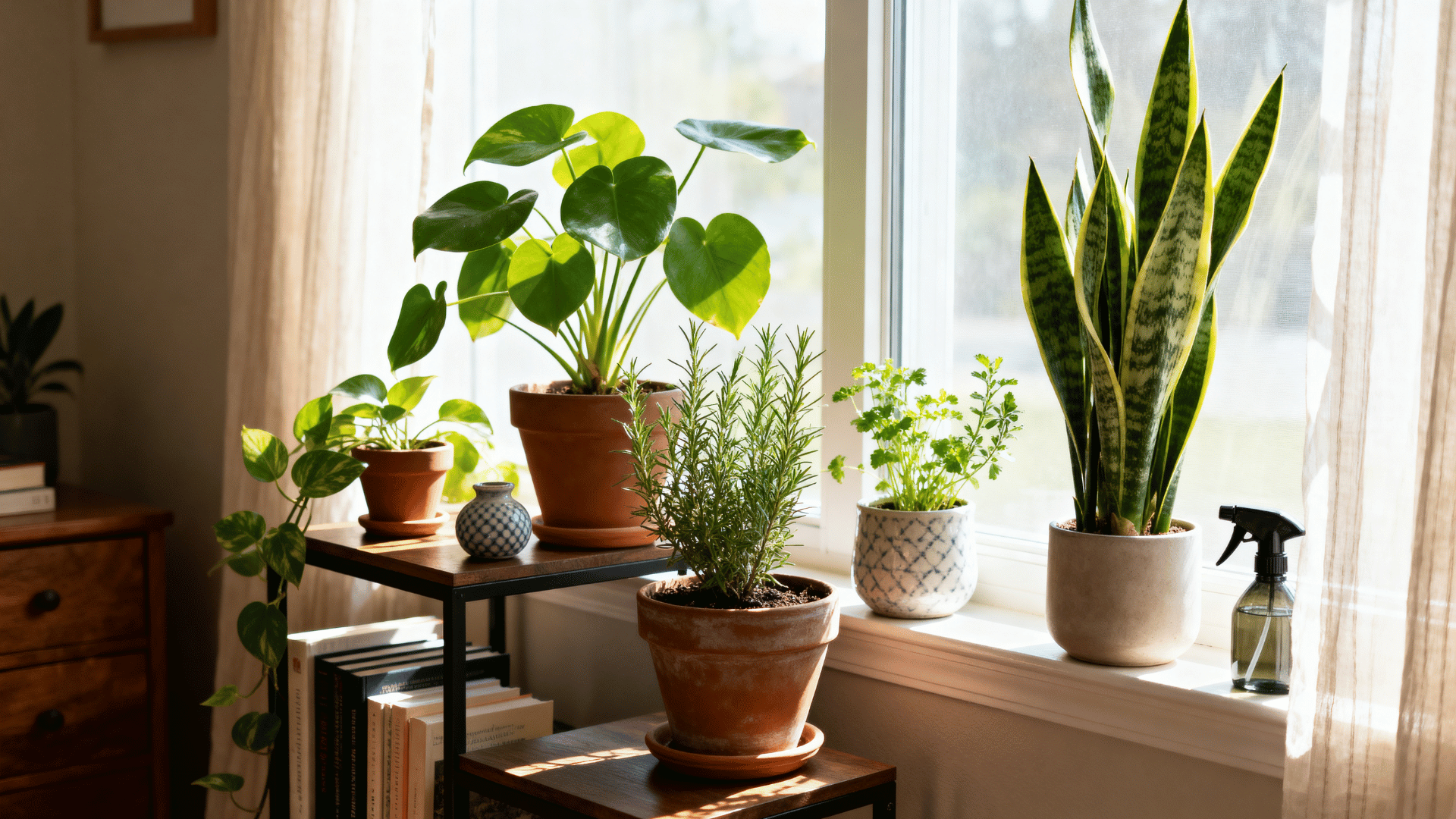 realistic indoor gardening setup with small houseplants placed near a bright sunny window.