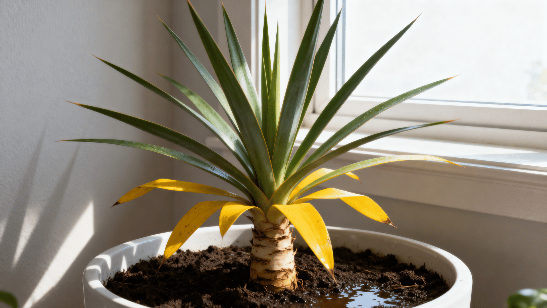 indoor yucca plant with yellow leaves near the bottom placed beside a sunny window.