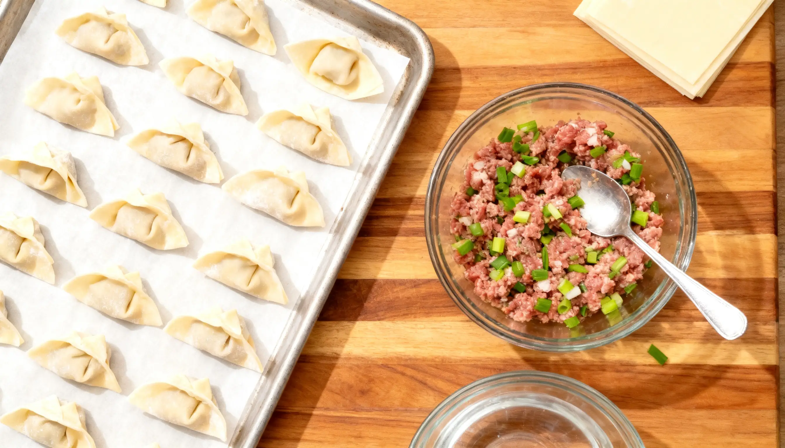 A wooden table with a tray of uncooked dumplings on parchment paper. A bowl of minced meat mixed with green onions and a spoon is beside the tray, evoking a preparation scene.