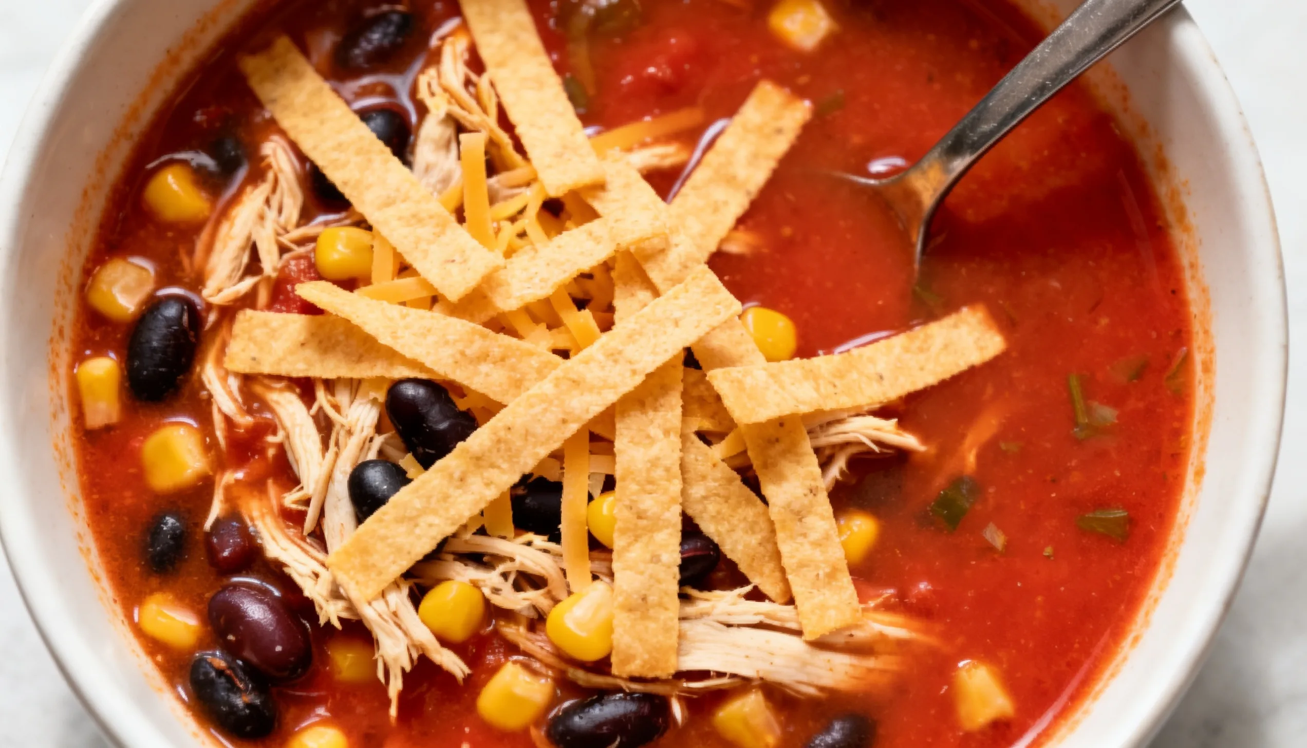 Delicious chicken tortilla soup topped with tortilla strips, black beans, corn, and shredded cheese in a white bowl.